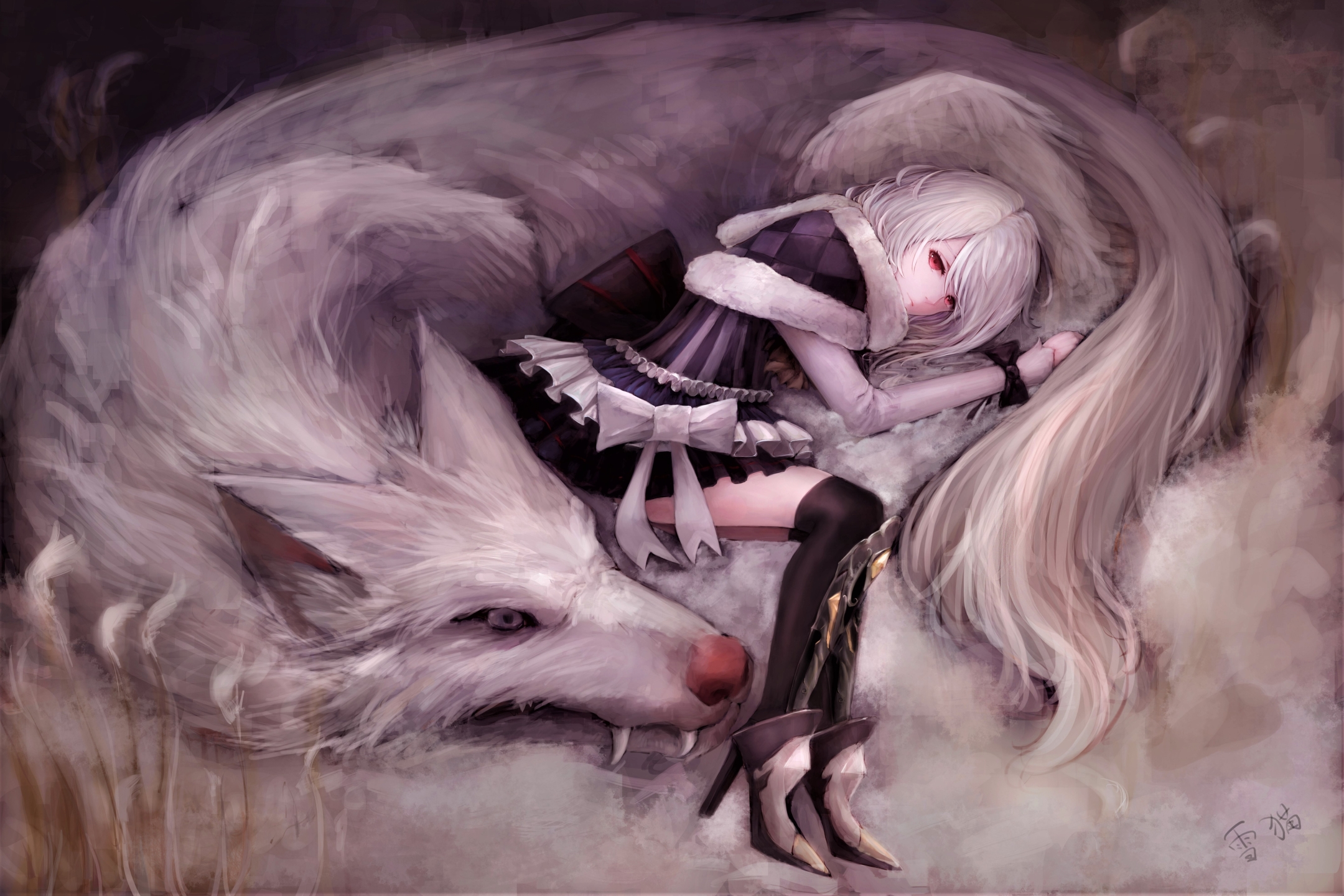 Free download wallpaper Anime, Wolf, Girl, Resting, Bow (Clothing) on your PC desktop