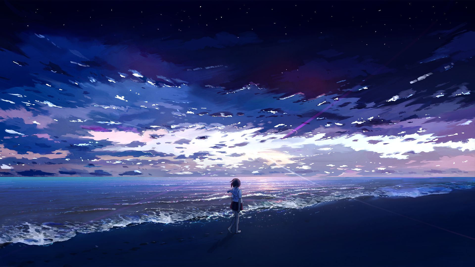 Download mobile wallpaper Anime, Water, Sunset, Sea, Beach, Cloud, School Uniform for free.