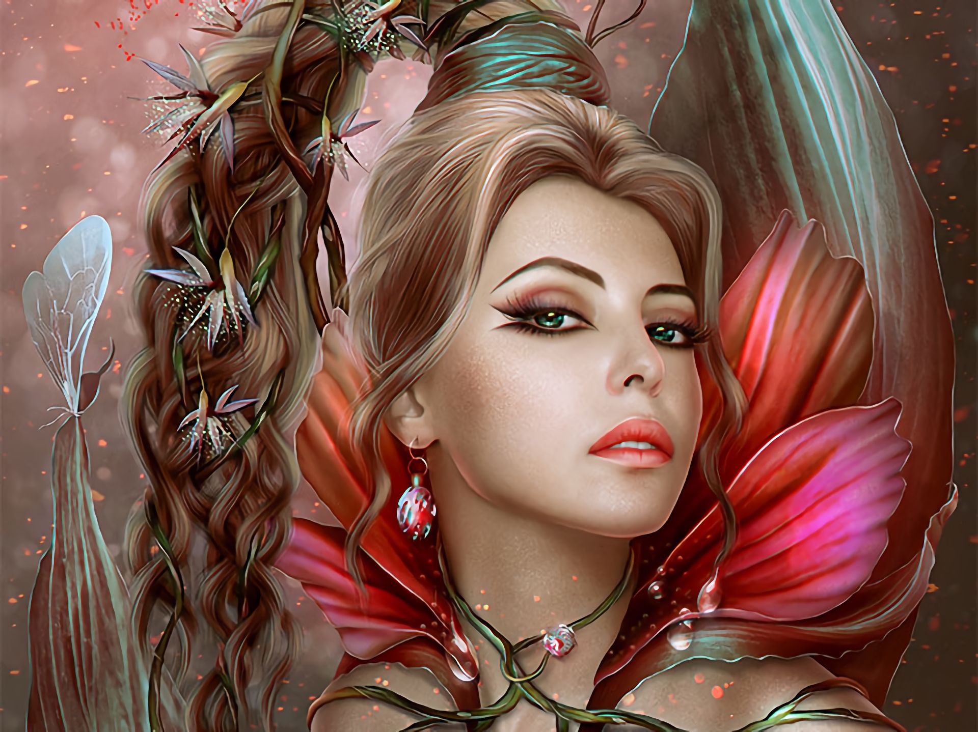 Download mobile wallpaper Fantasy, Flower, Butterfly, Face, Fairy, Women, Green Eyes for free.
