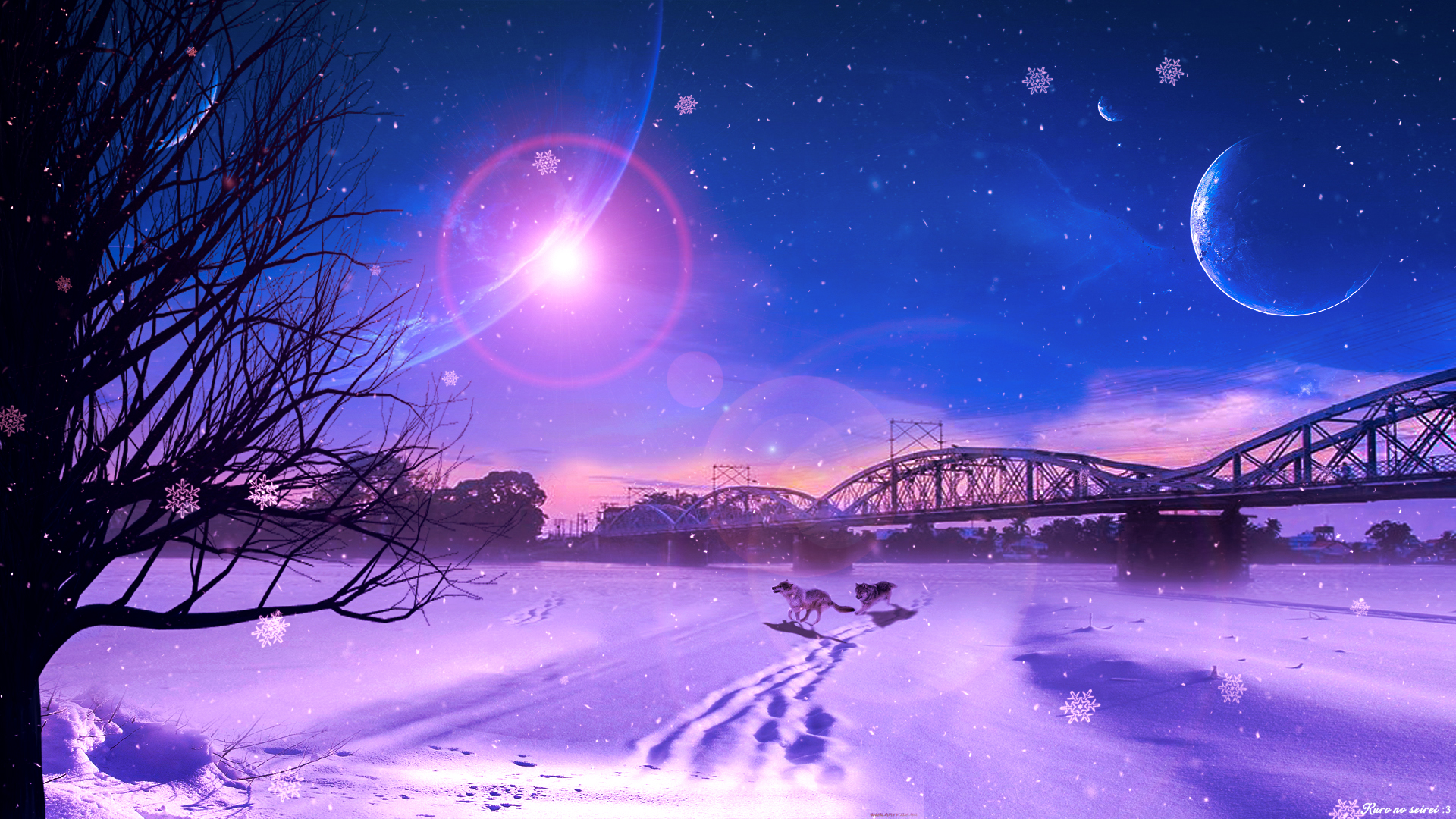 Download mobile wallpaper Winter, Sky, Snow, Bridge, Wolf, Planet, Artistic, Snowflake, Snowfall for free.