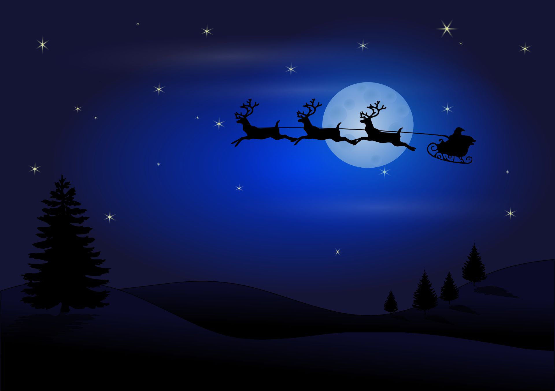 holiday, christmas, moon, night, reindeer, santa, sled, stars