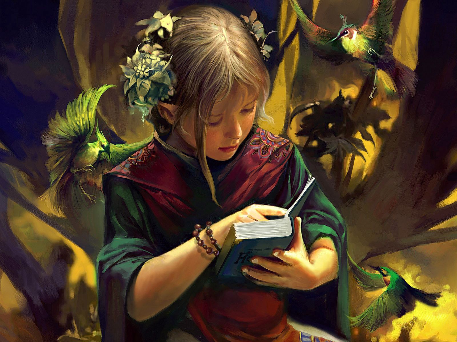 Download mobile wallpaper Forest, Book, Birds, Fantasy, Girl for free.