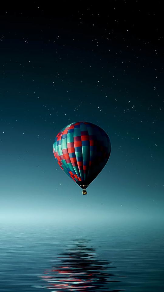 Download mobile wallpaper Sky, Stars, Night, Moon, Ocean, Vehicle, Vehicles, Hot Air Balloon for free.