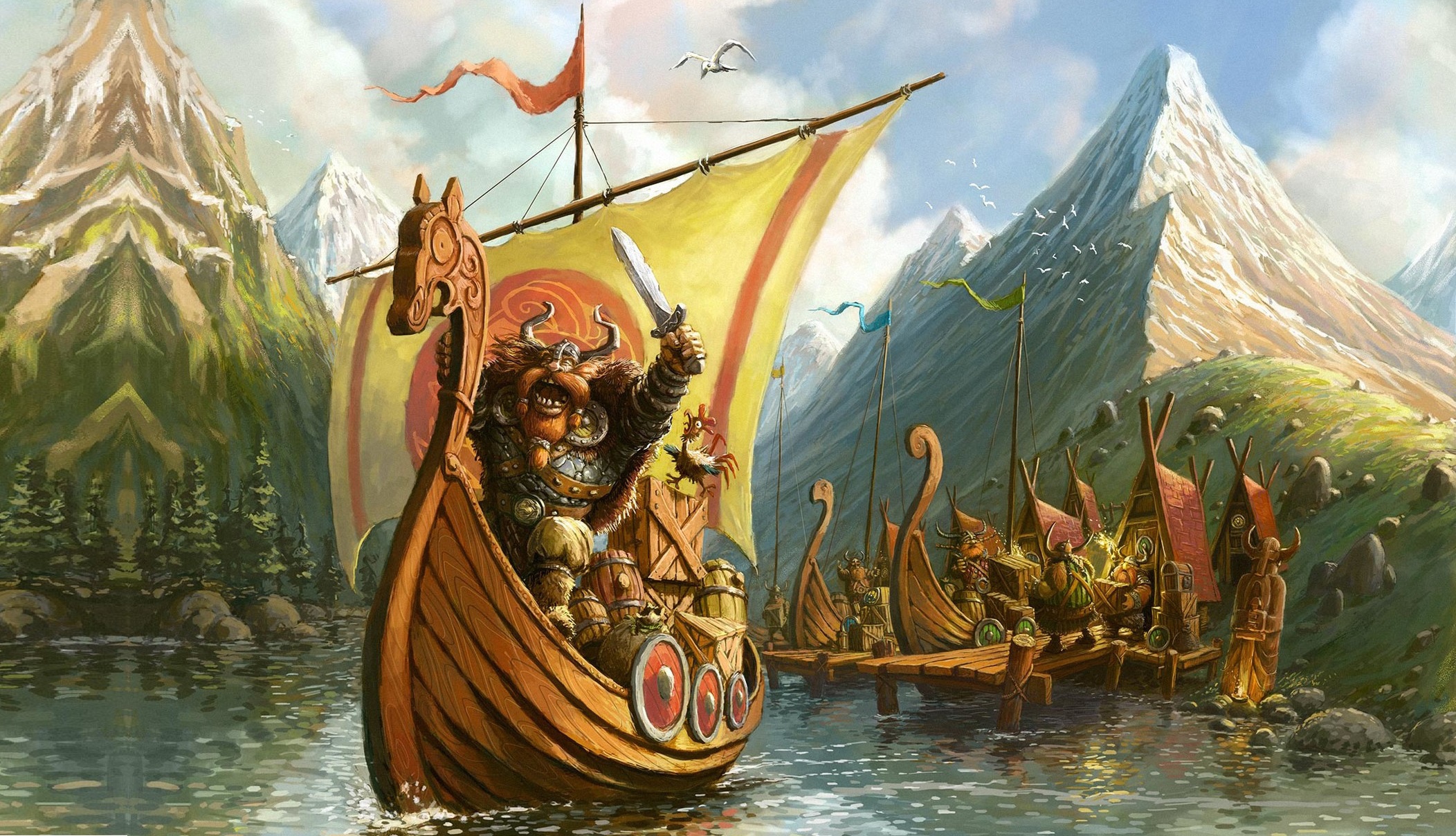 fantasy, viking, drakkar, mountain, ship, warrior