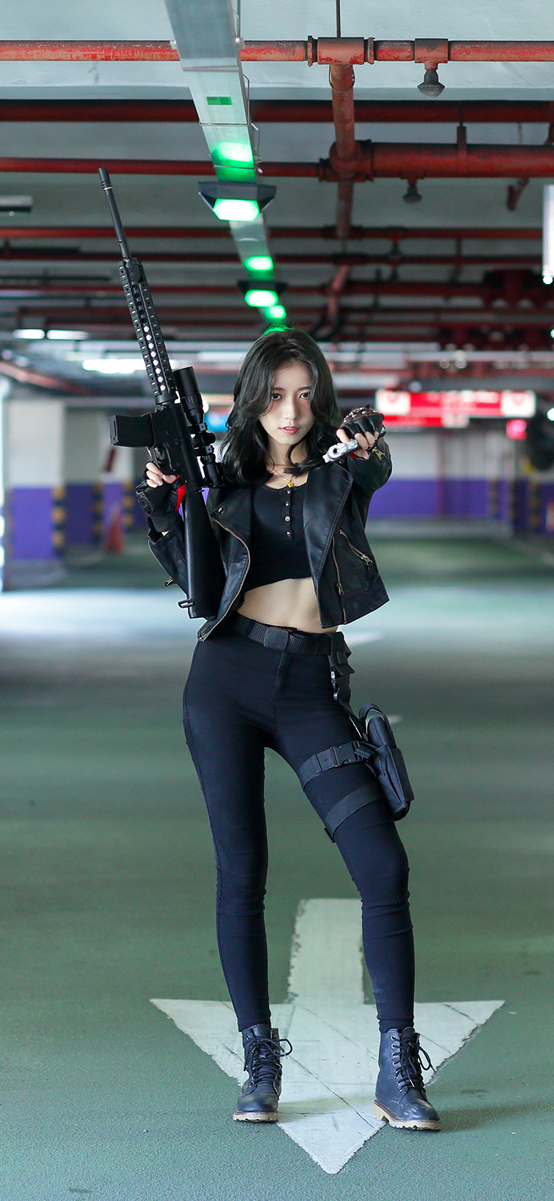 Download mobile wallpaper Weapon, Model, Women, Asian, Gun, Black Hair, Girls & Guns for free.