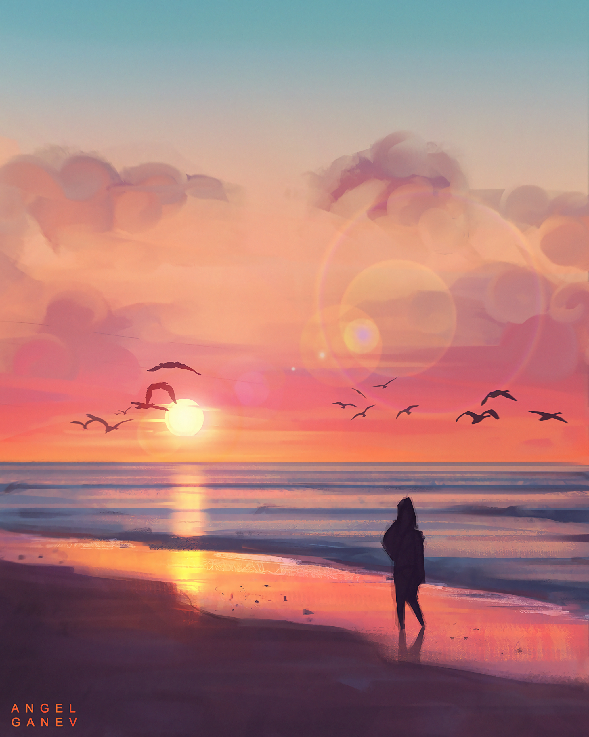 Free download wallpaper Birds, Sunset, Sea, Silhouette, Art, Beach on your PC desktop