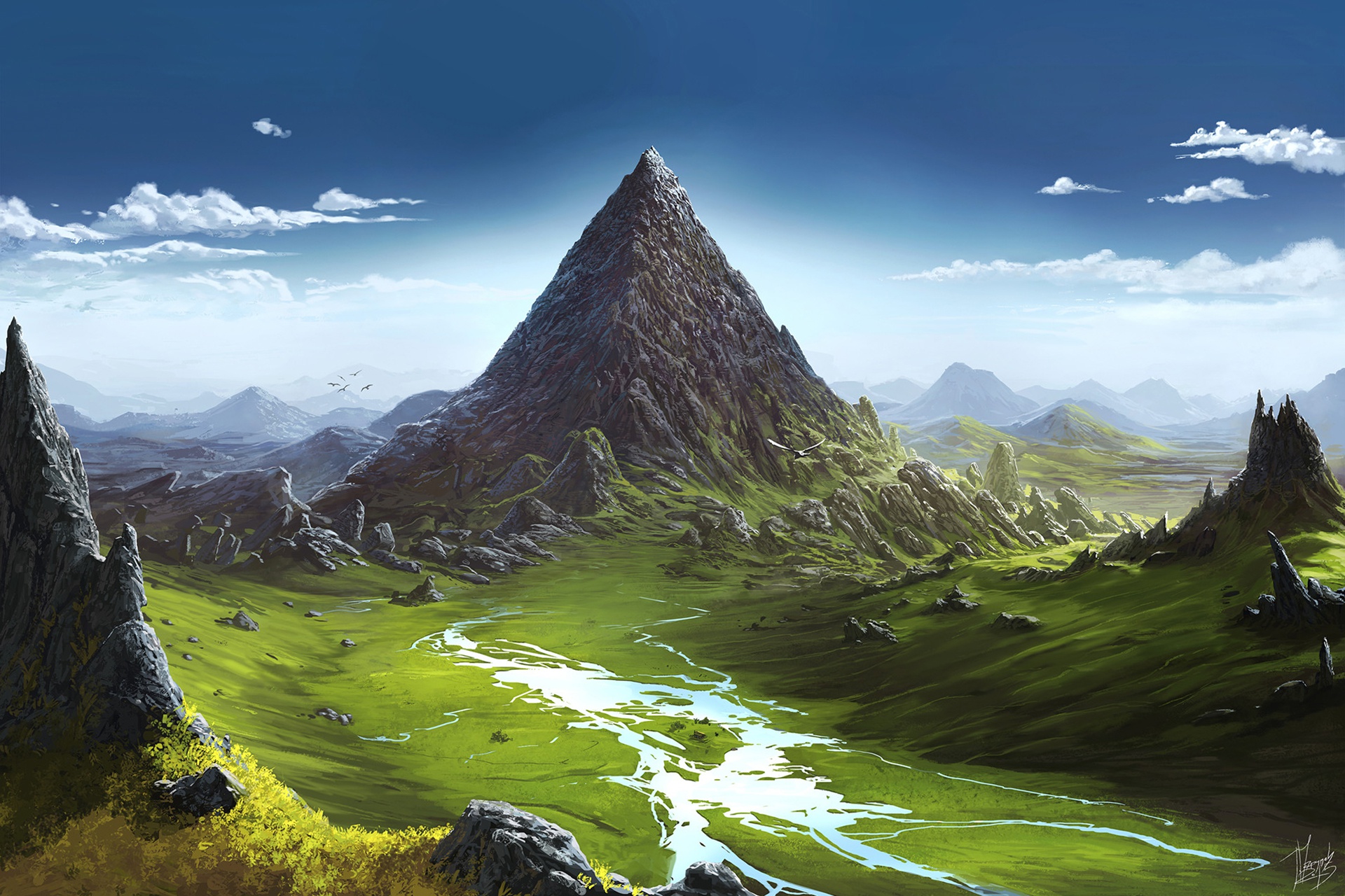 Free download wallpaper Landscape, Fantasy, Sky, Mountain, Peak on your PC desktop