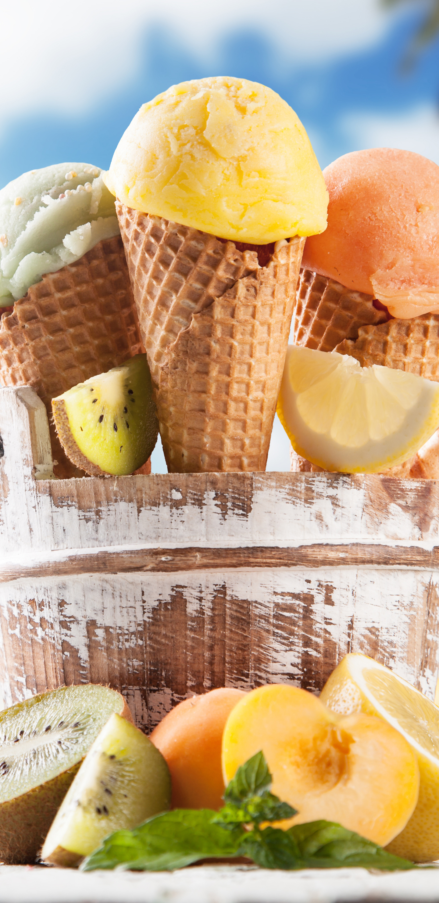 Handy-Wallpaper Obst, Sommer, Kiwi, Zitrone, Frucht, Eiscreme, Nahrungsmittel kostenlos herunterladen.