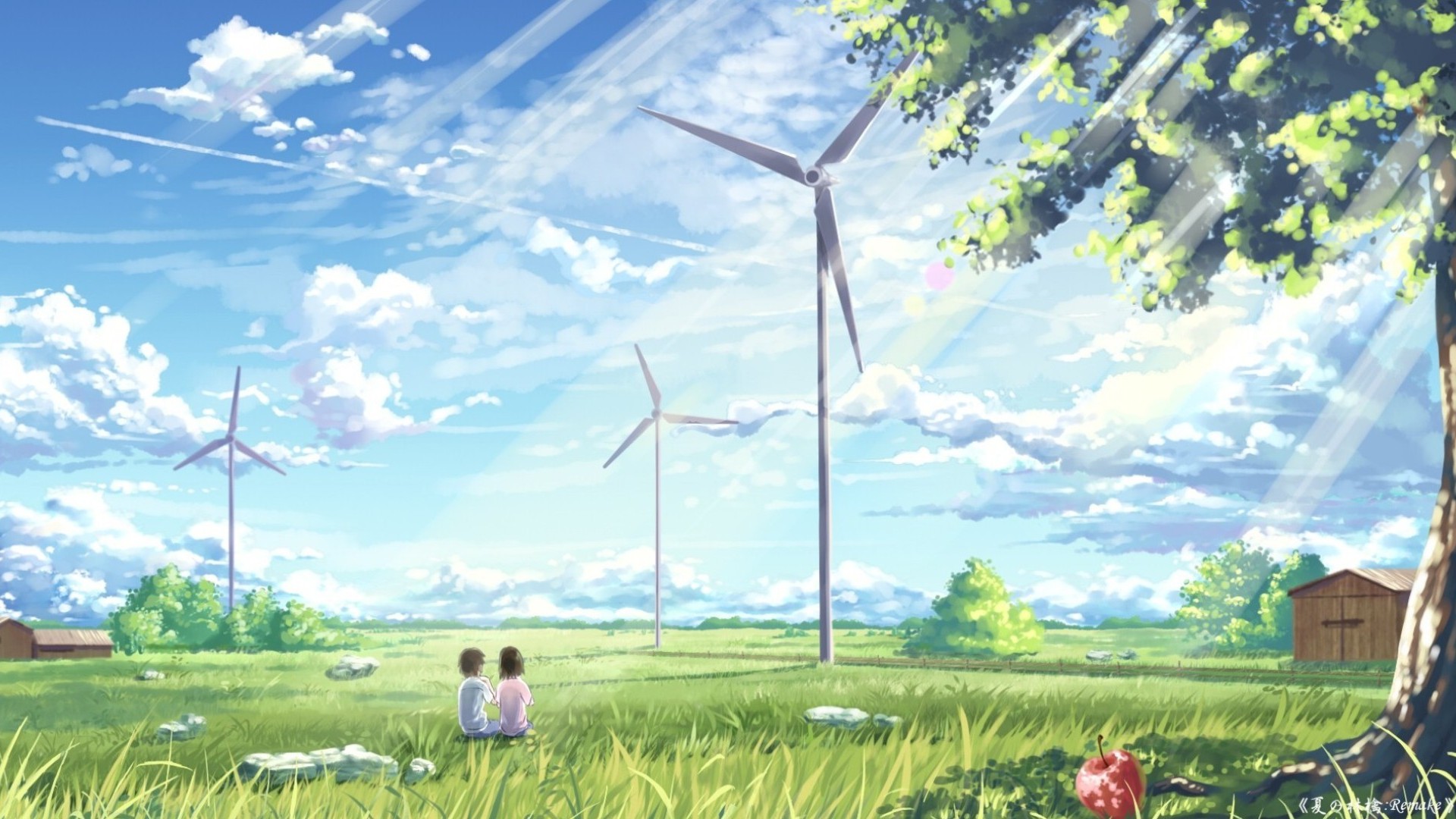 665846 Hintergrundbild herunterladen sommer, animes, original, wolke, sonnenschein, windkraftanlage - Bildschirmschoner und Bilder kostenlos