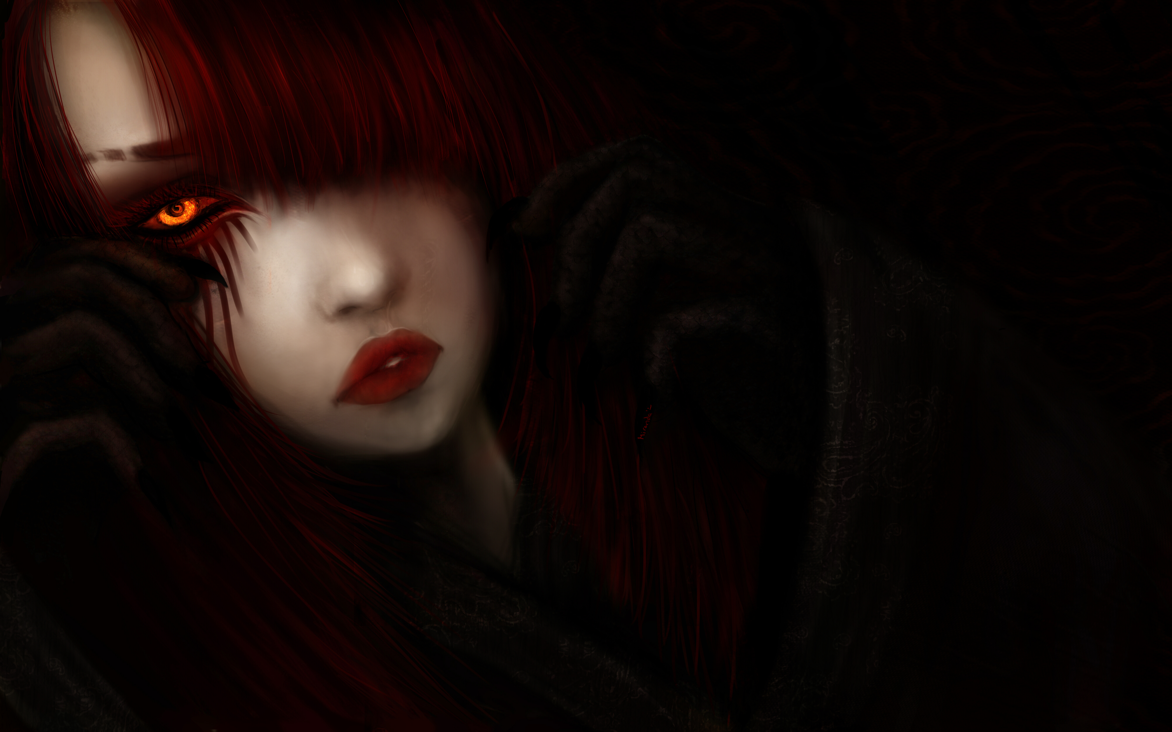Laden Sie das Fantasie, Dunkel, Auge, Dämon, Rote Haare-Bild kostenlos auf Ihren PC-Desktop herunter