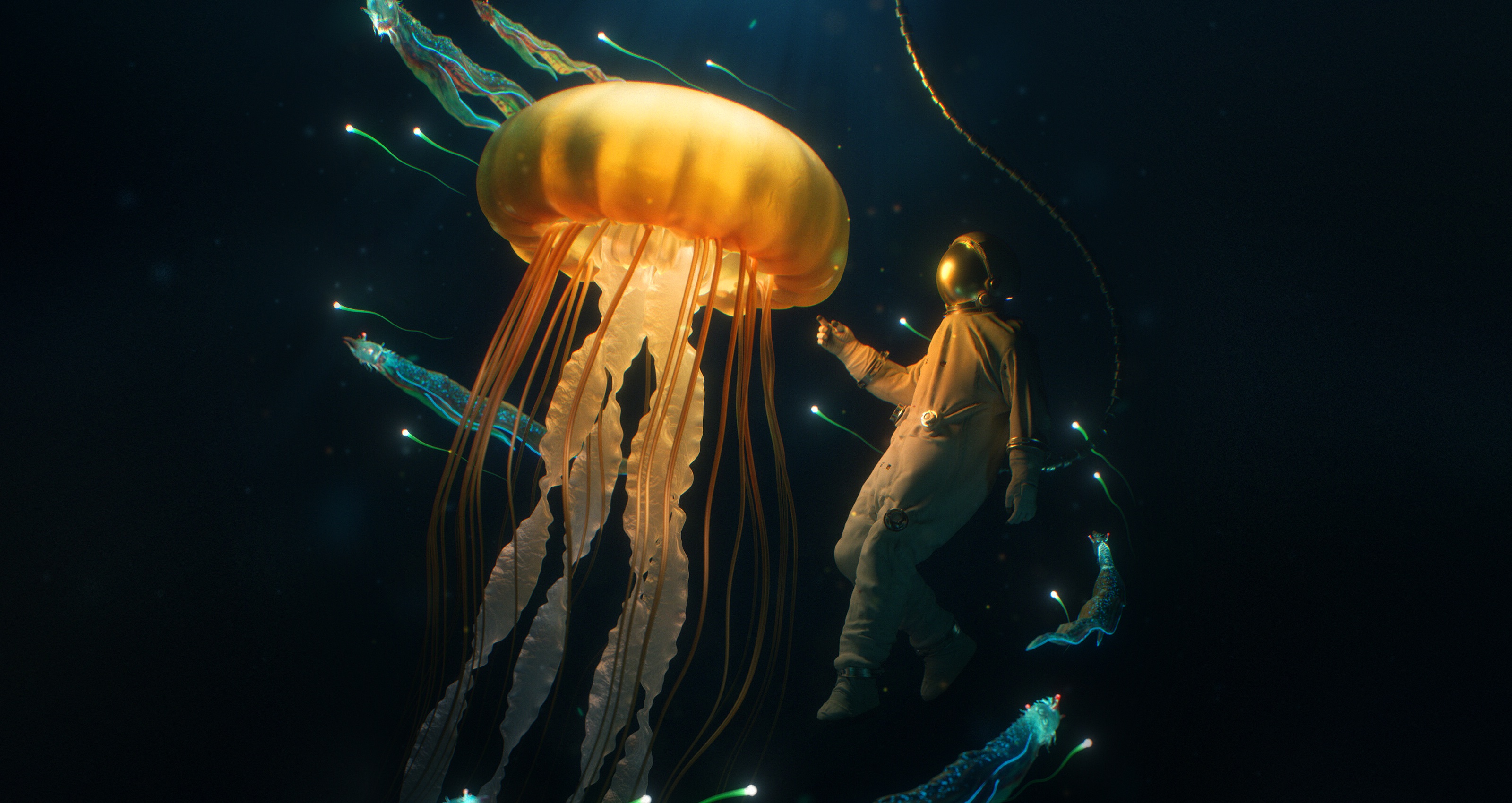 955722 завантажити картинку фантазія, під водою, водолаз, медузи - шпалери і заставки безкоштовно