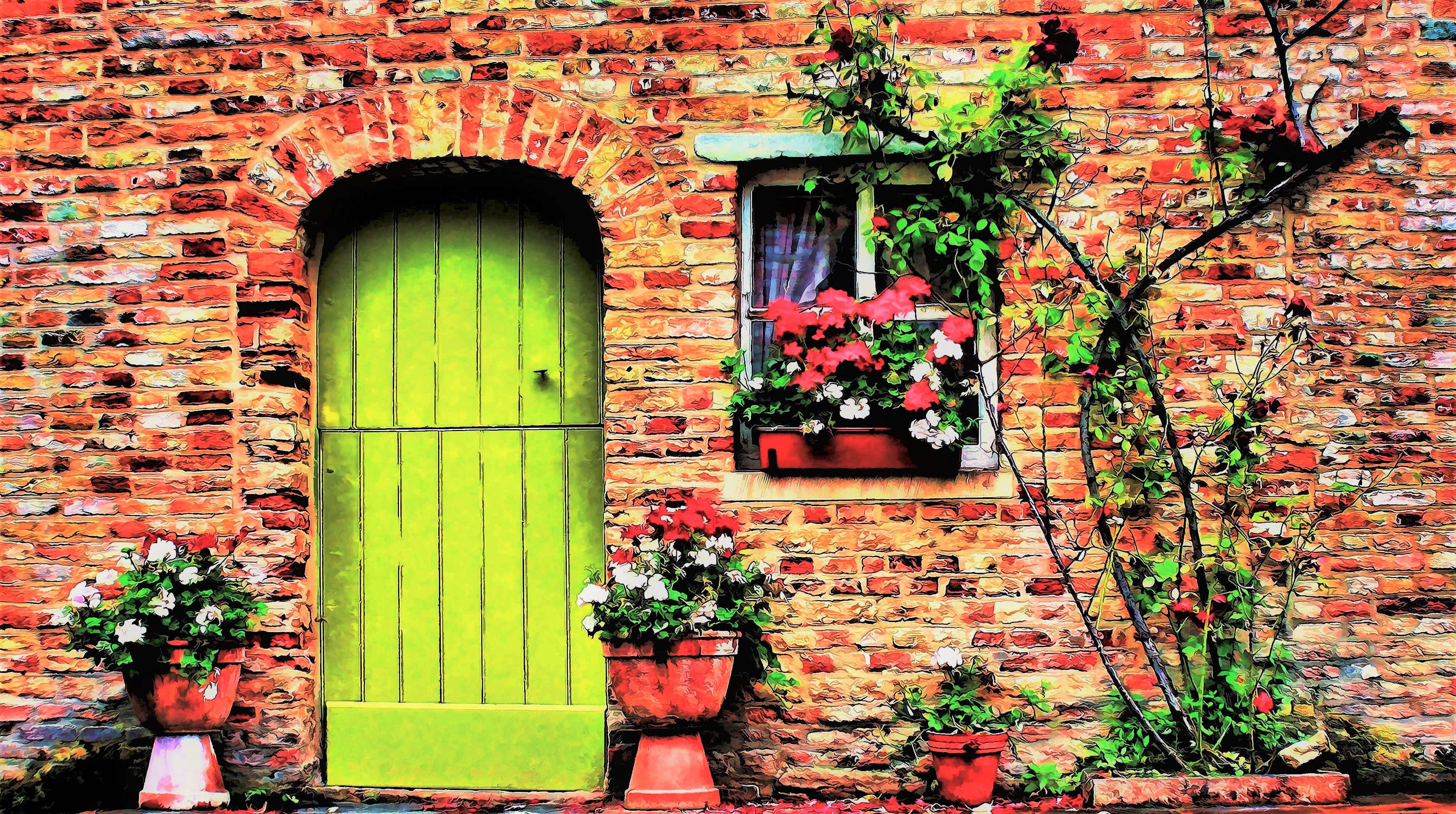 Free download wallpaper Plant, Tree, House, Colors, Colorful, Door, Brick, Man Made on your PC desktop