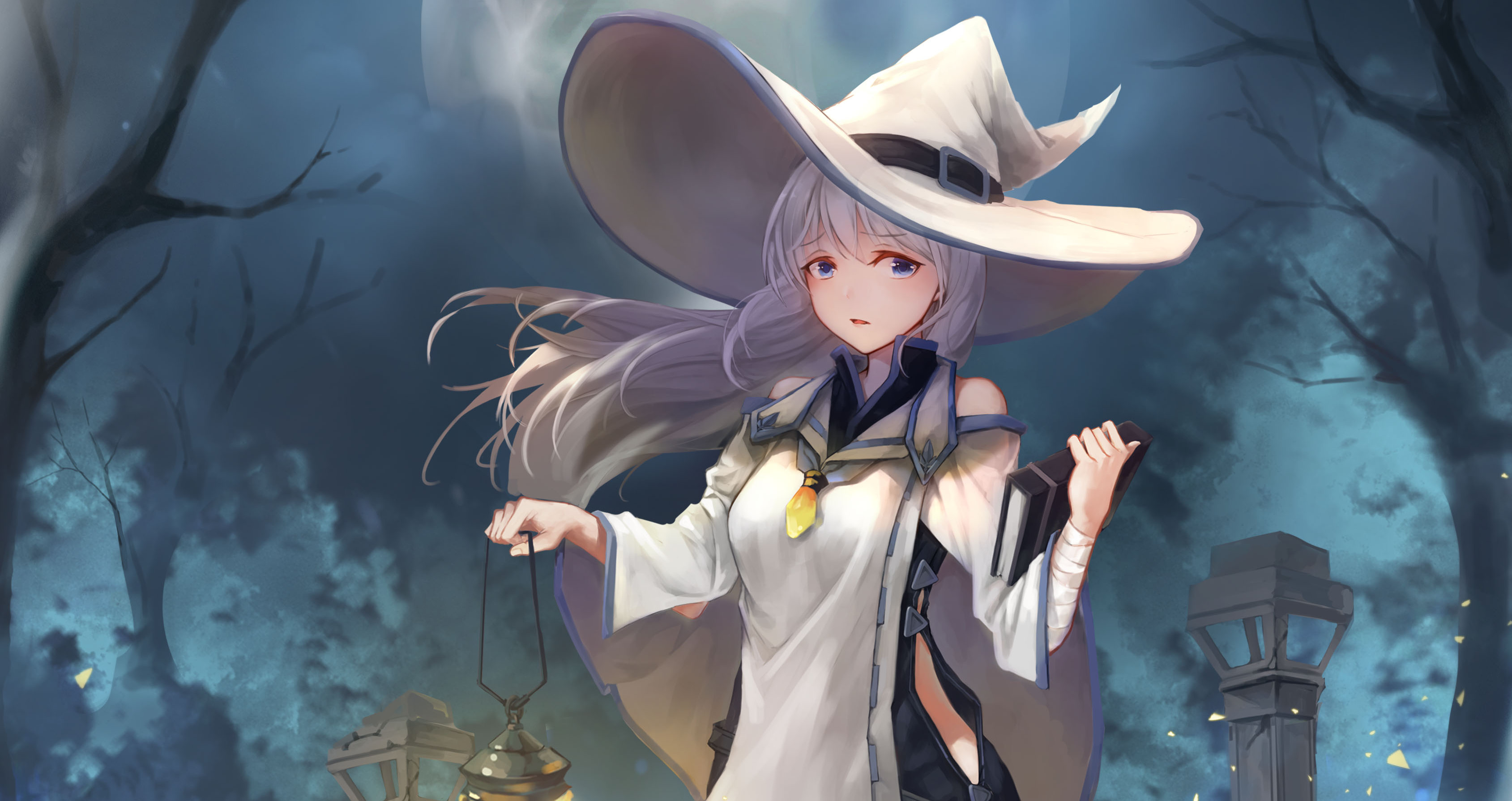 Free download wallpaper Anime, Night, Moon, Hat, Blue Eyes, Witch, White Hair on your PC desktop