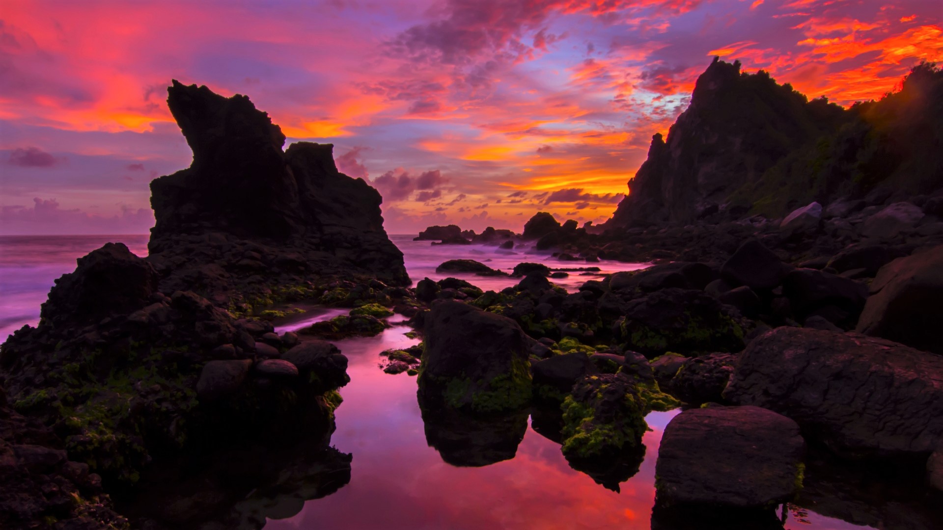 Download mobile wallpaper Sunset, Sky, Sea, Pink, Ocean, Earth, Purple, Orange (Color) for free.