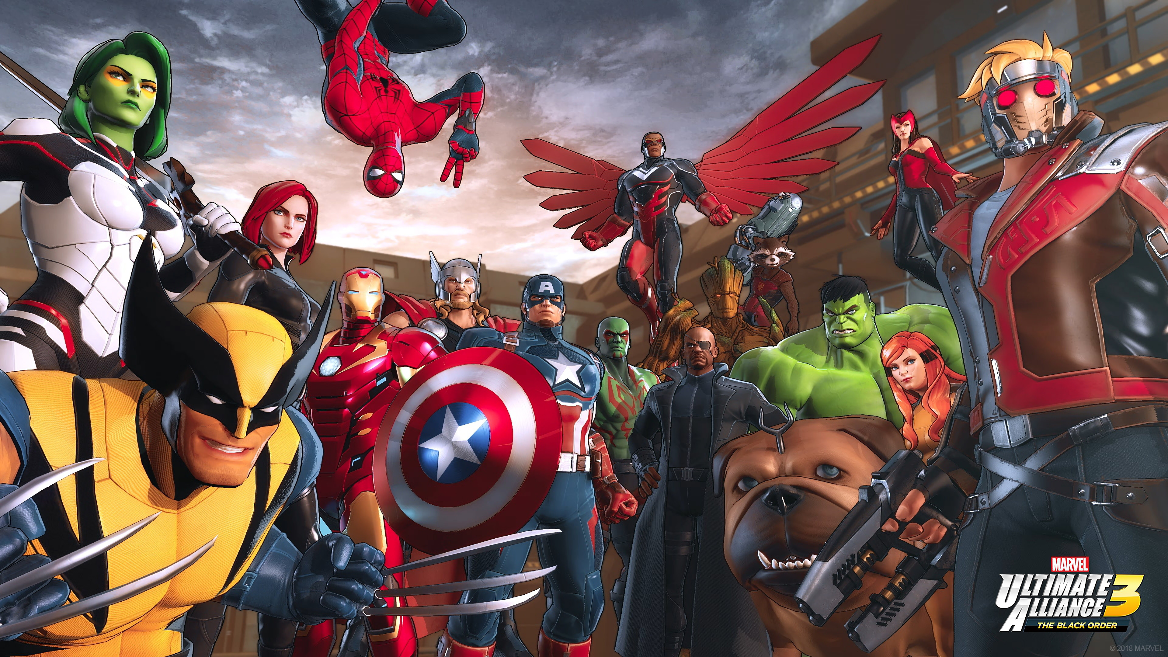 thor, video game, marvel ultimate alliance 3: the black order, black widow, captain america, drax the destroyer, falcon (marvel comics), gamora, groot, hulk, iron man, lockjaw (marvel comics), nick fury, peter quill, rocket raccoon, scarlet witch, spider man, star lord, wolverine