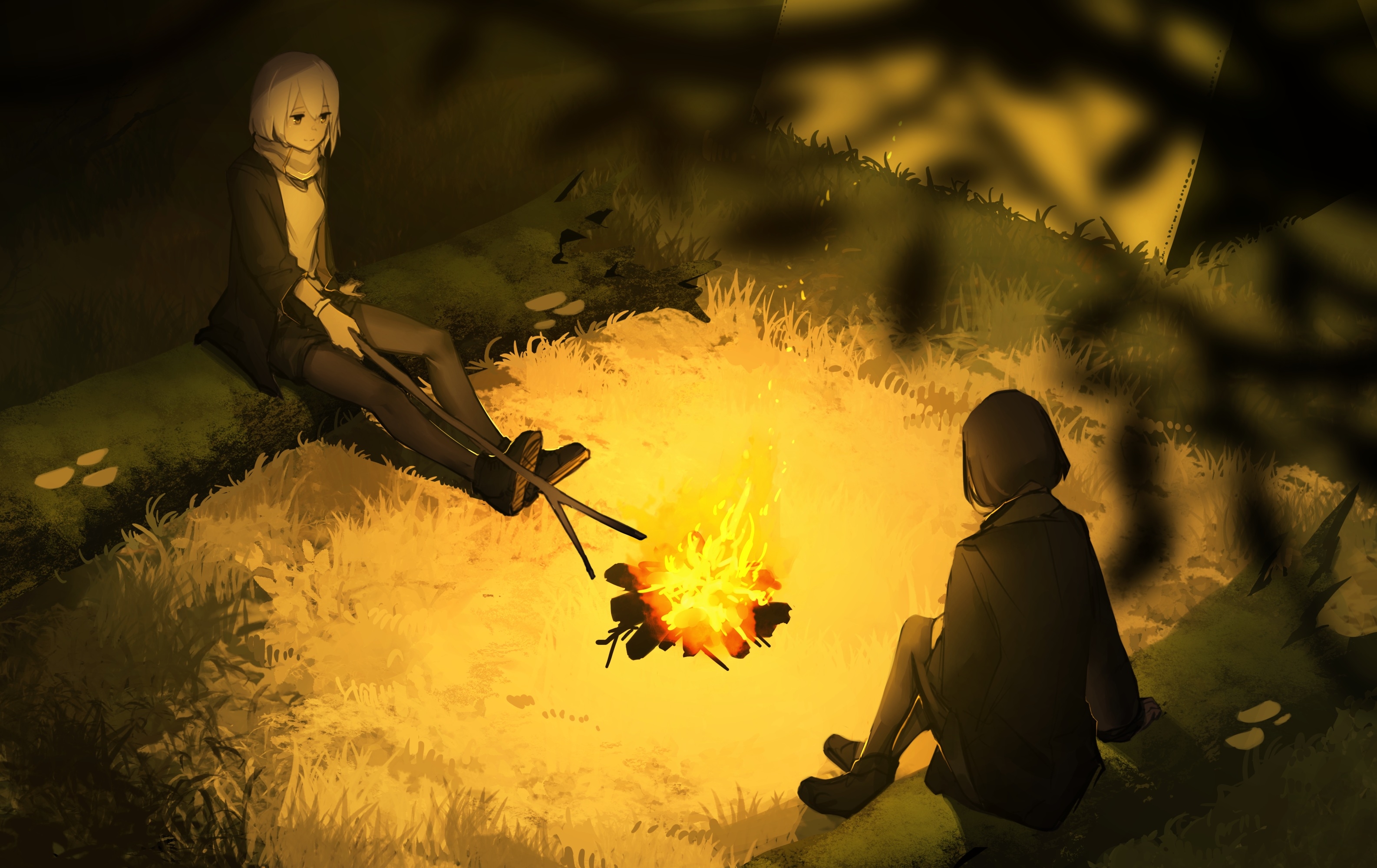 Download mobile wallpaper Anime, Original, Resting, Campfire for free.