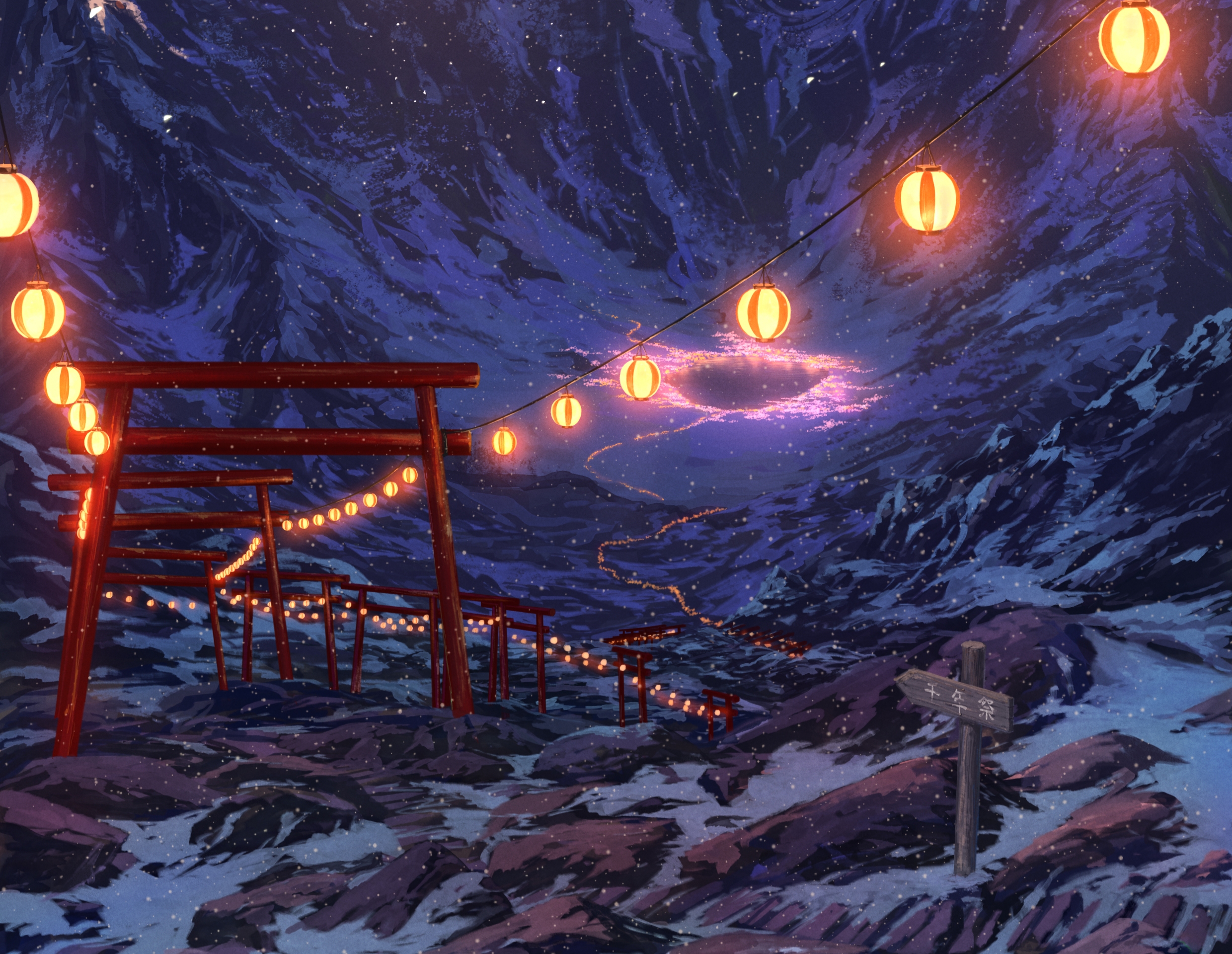 Download mobile wallpaper Anime, Mountain, Lake, Light, Sign, Snowfall, Original for free.