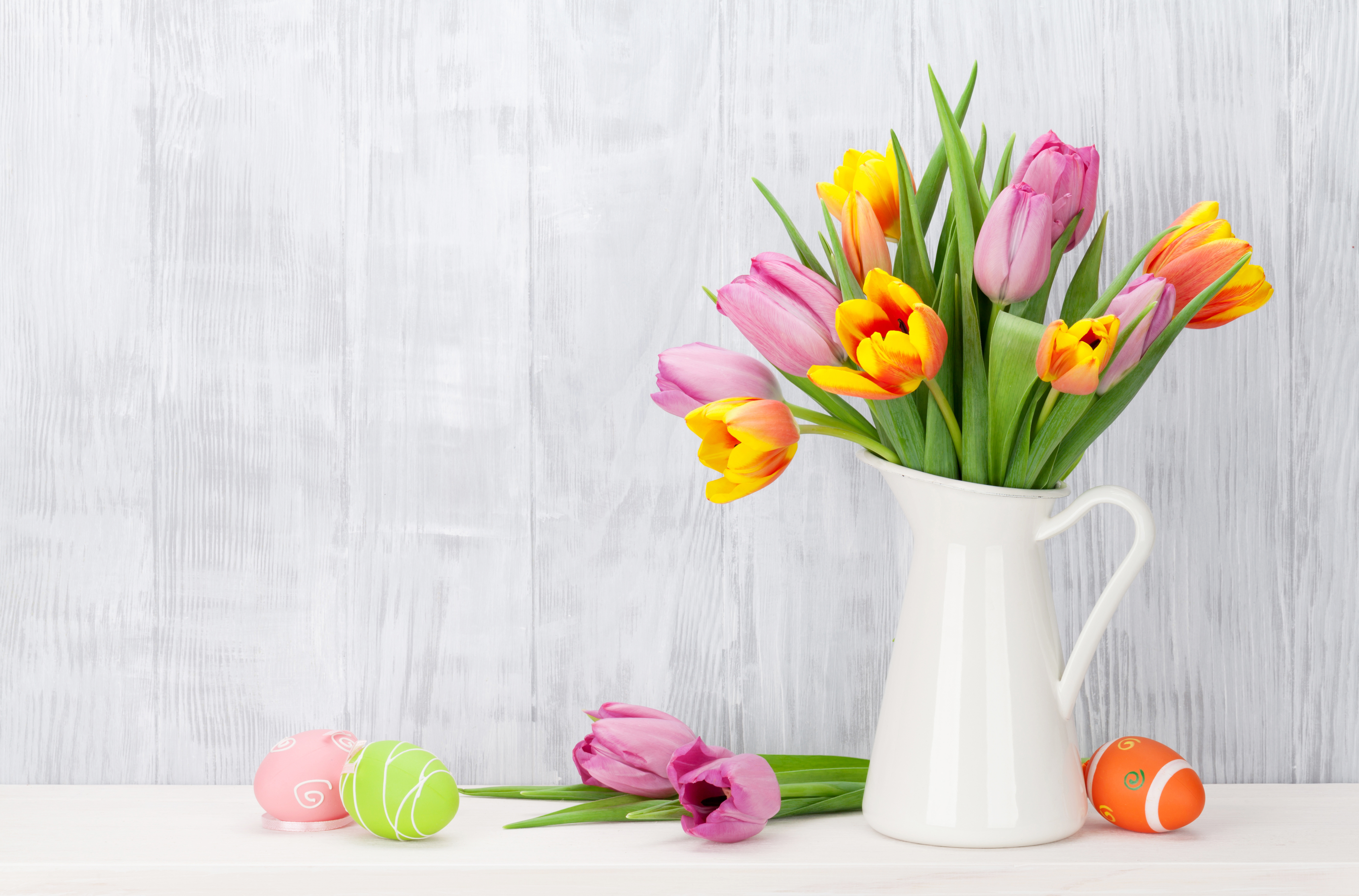 Download mobile wallpaper Still Life, Flower, Colors, Vase, Tulip, Photography, Pink Flower, Orange Flower, Easter Egg for free.