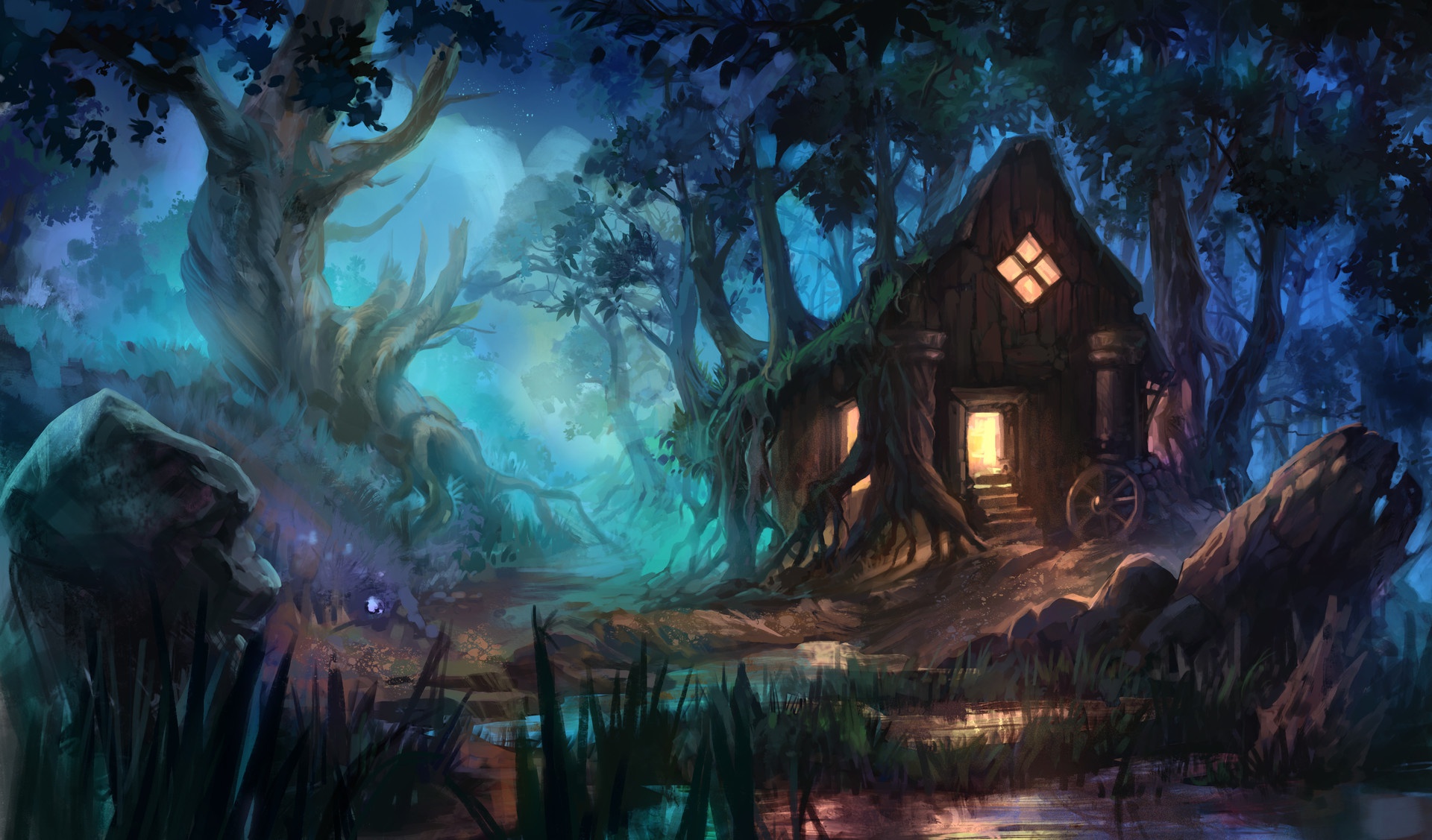 Laden Sie das Fantasie, Wald, Haus, Nacht-Bild kostenlos auf Ihren PC-Desktop herunter