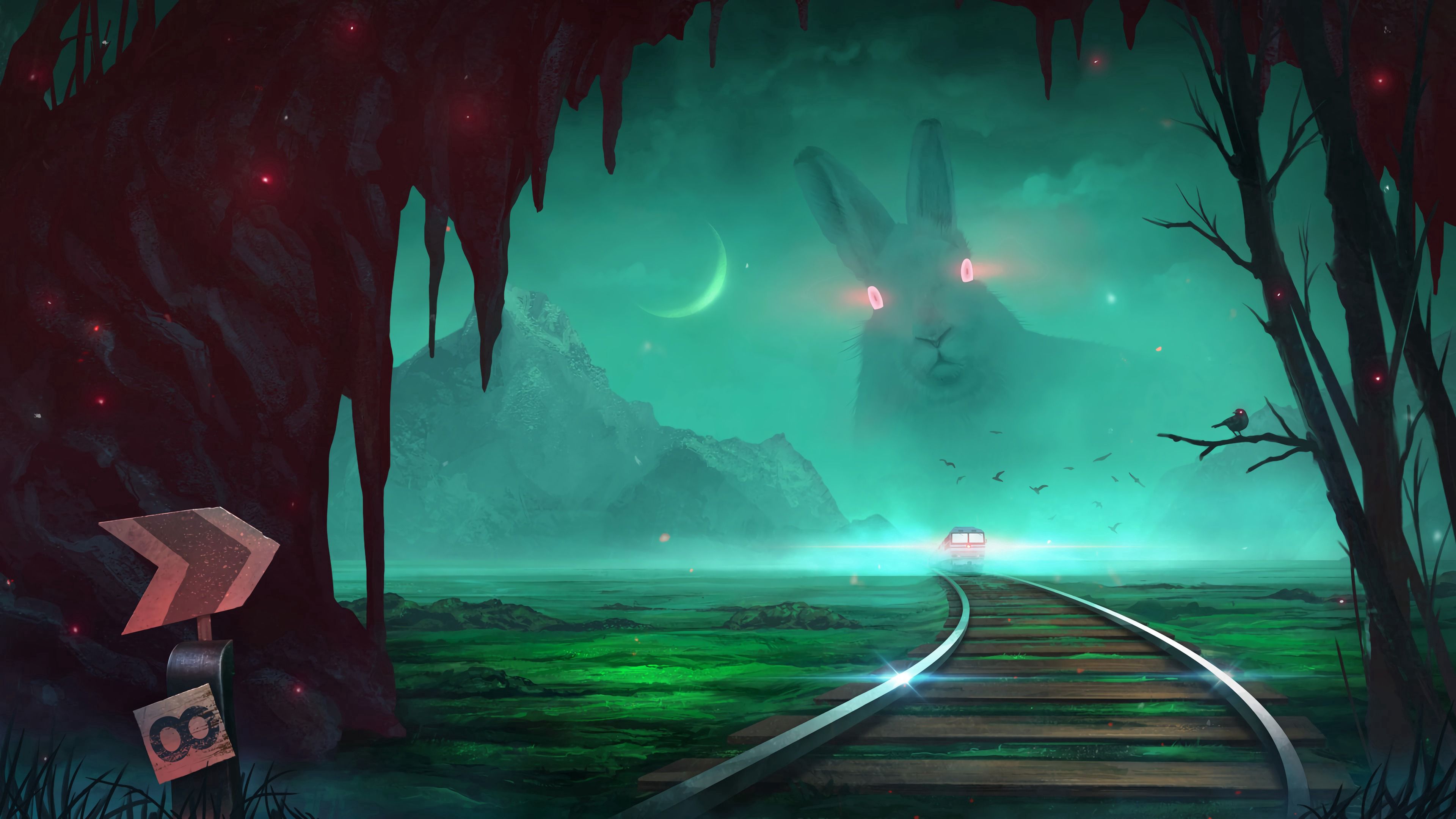 rabbit, night, art, illusion, train HD wallpaper