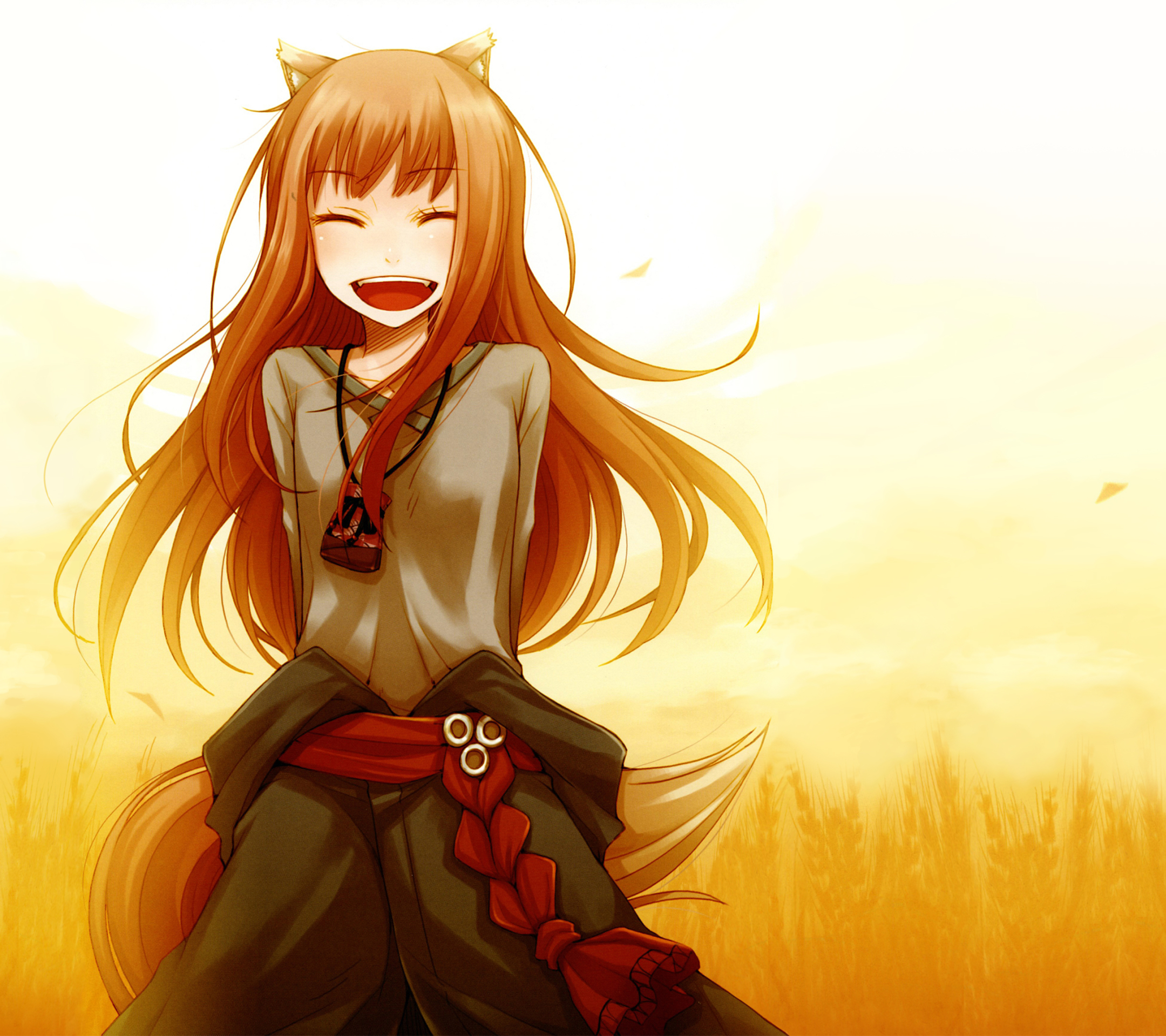 Free download wallpaper Anime, Sunset, Smile, Tail, Belt, Necklace, Long Hair, Brown Hair, Holo (Spice & Wolf), Animal Ears, Spice And Wolf on your PC desktop
