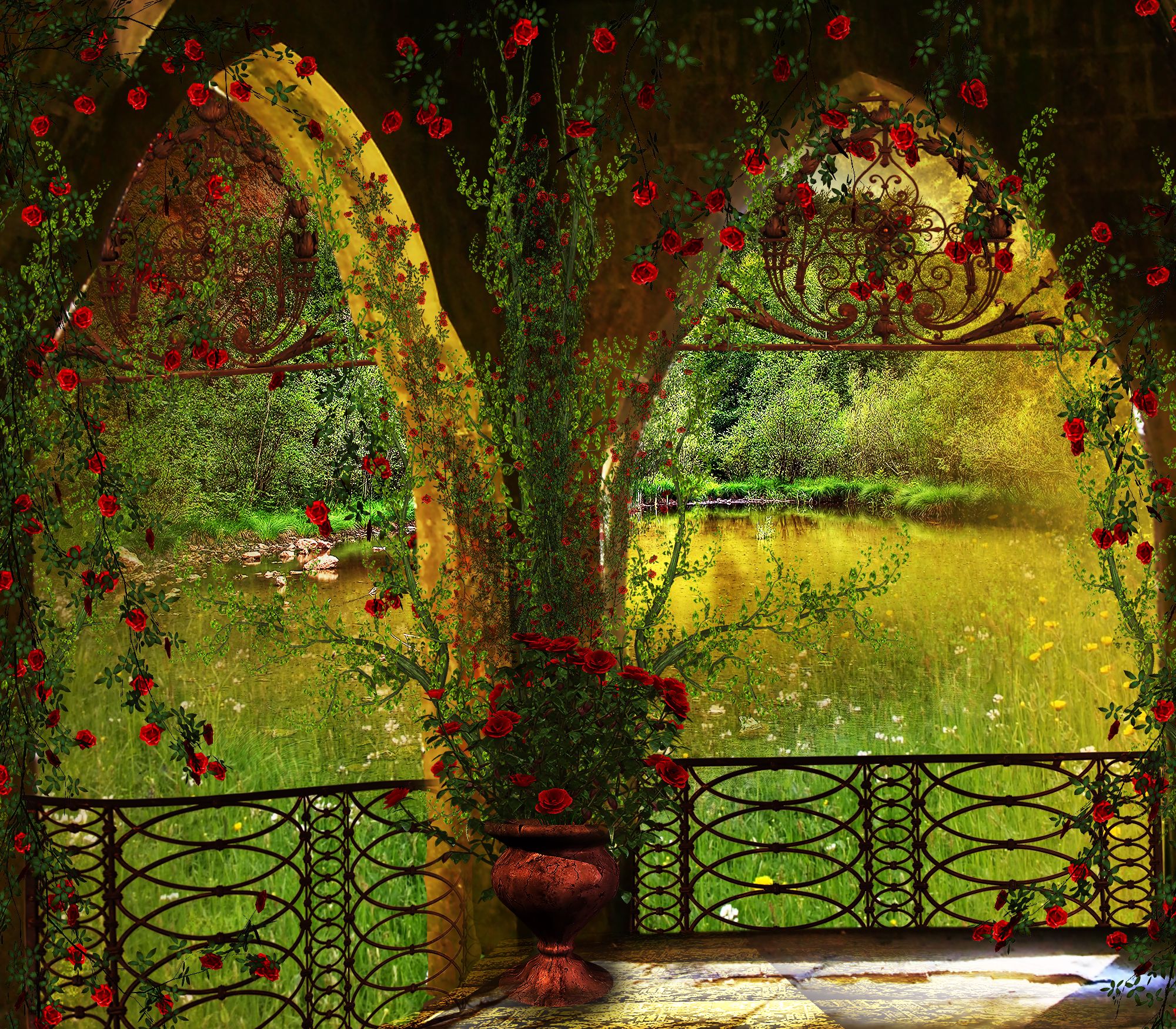 Download mobile wallpaper Rose, Arch, Pond, Artistic, Red Rose, Gazebo for free.