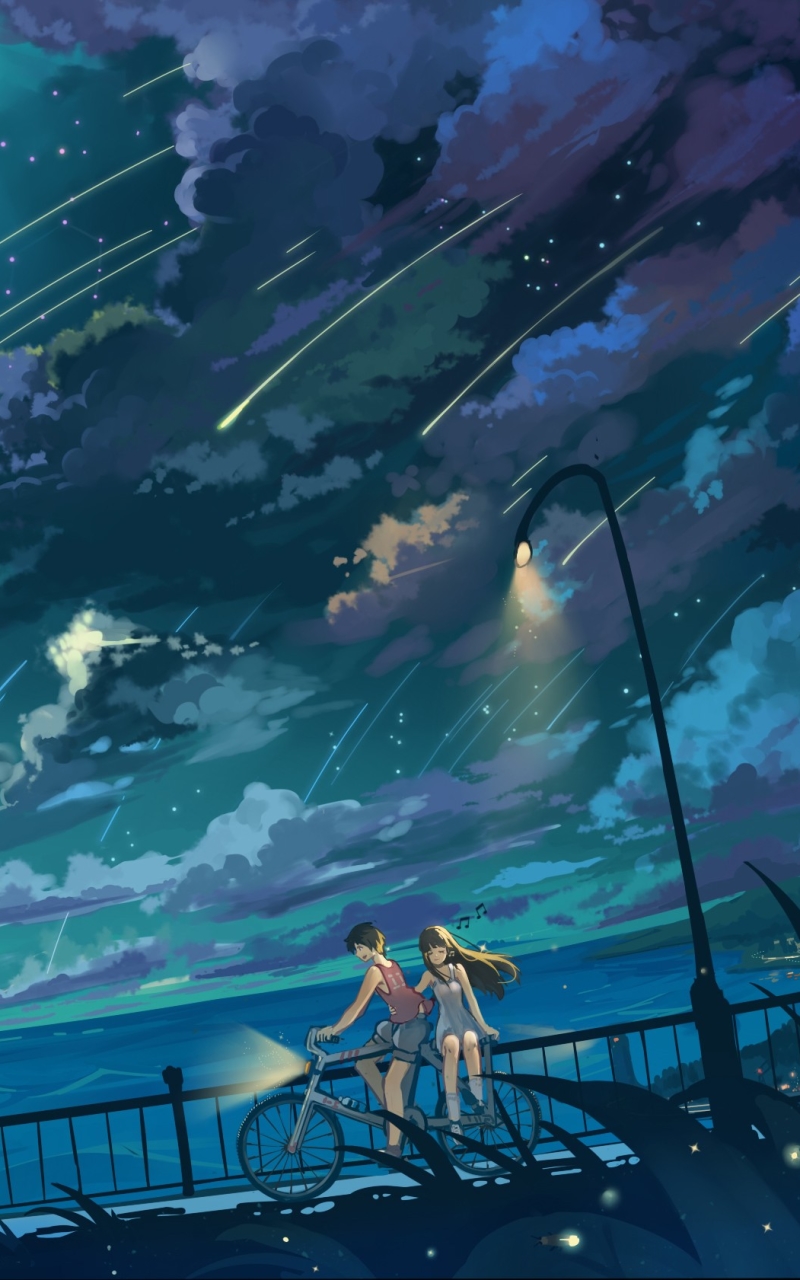 Download mobile wallpaper Anime, Sky, Couple, Bicycle for free.