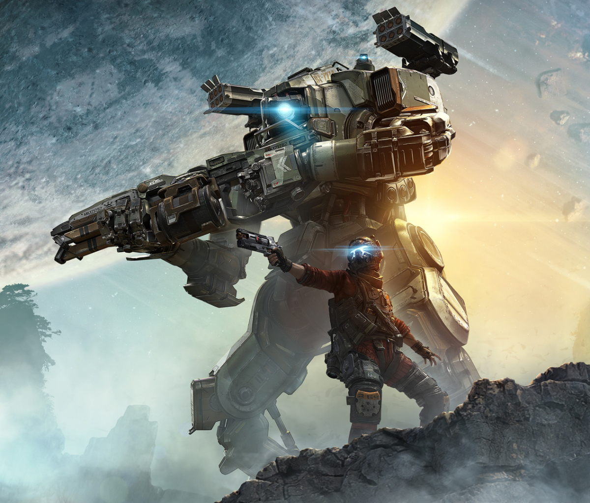 Fondo de pantalla épico de Titanfall 2 con un piloto y un Titan en acción