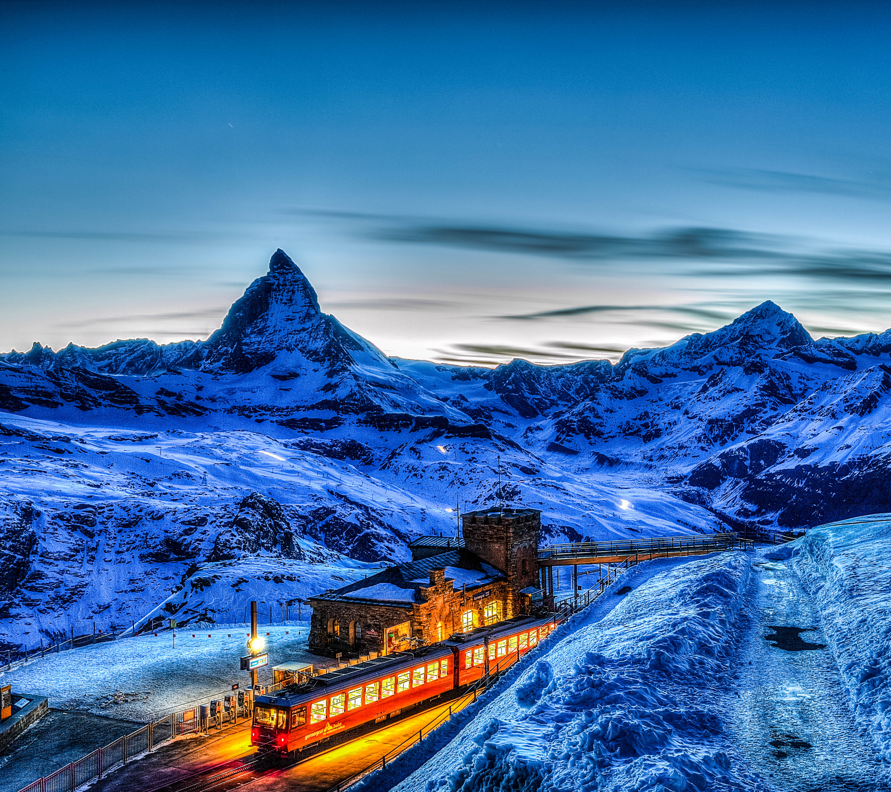 Free download wallpaper Winter, Snow, Mountain, Alps, Switzerland, Train, Matterhorn, Vehicle, Vehicles on your PC desktop