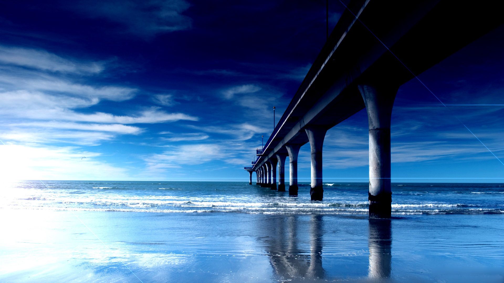 83964 descargar fondo de pantalla azul, muelle, naturaleza, ondas, playa, amanecer, orilla, banco, puente, columnas, apoyo: protectores de pantalla e imágenes gratis