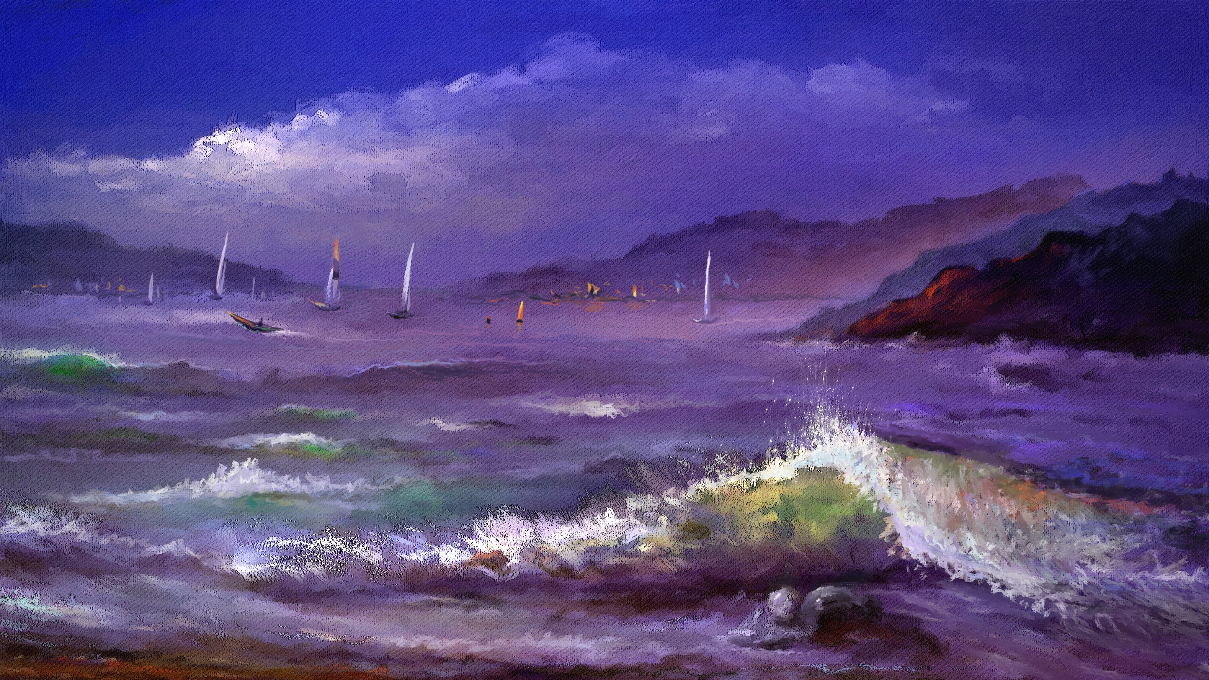 Download mobile wallpaper Sailboats, Waves, Sea, Canvas, Art for free.