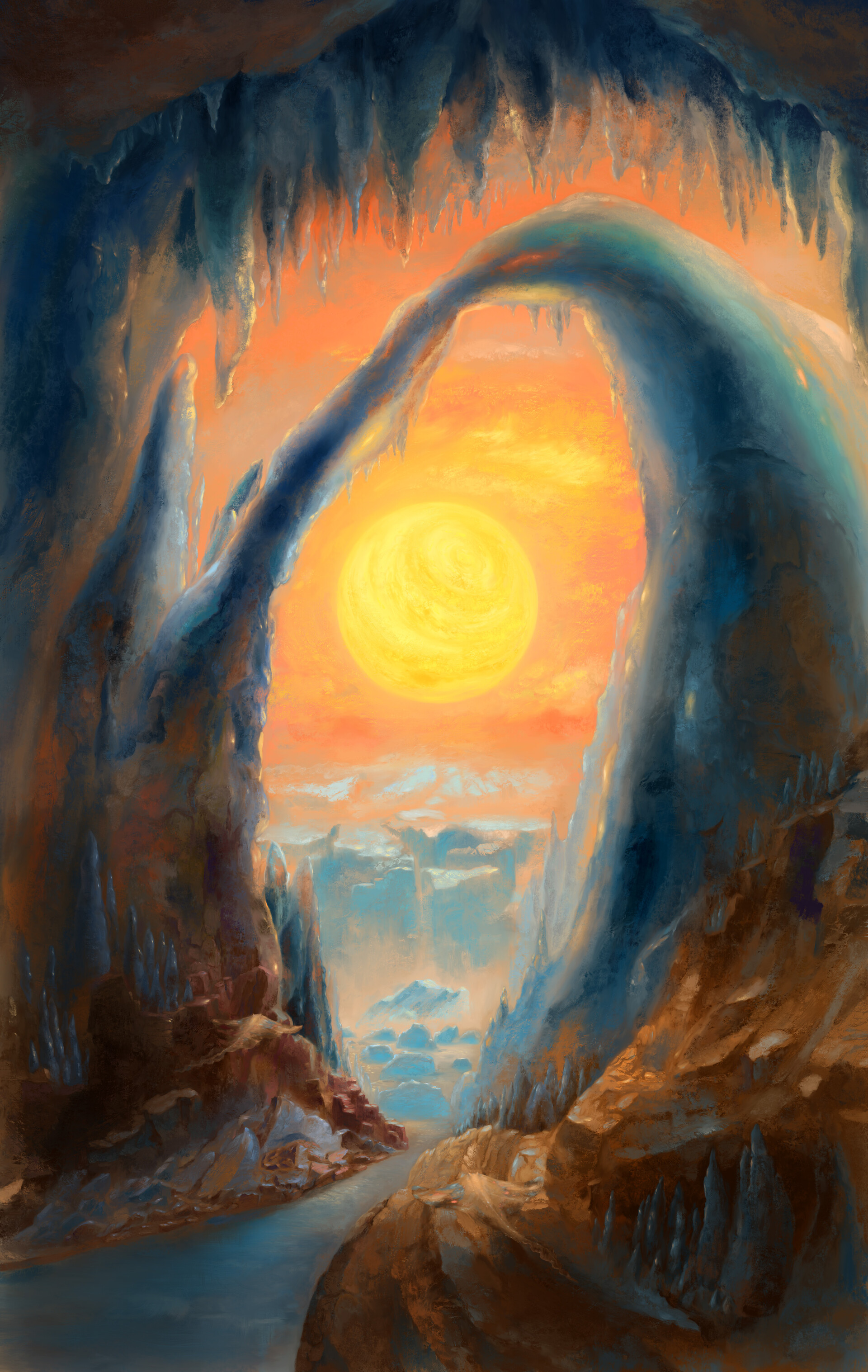Download mobile wallpaper Arch, Sun, Paint, Cave, Canvas, Art for free.