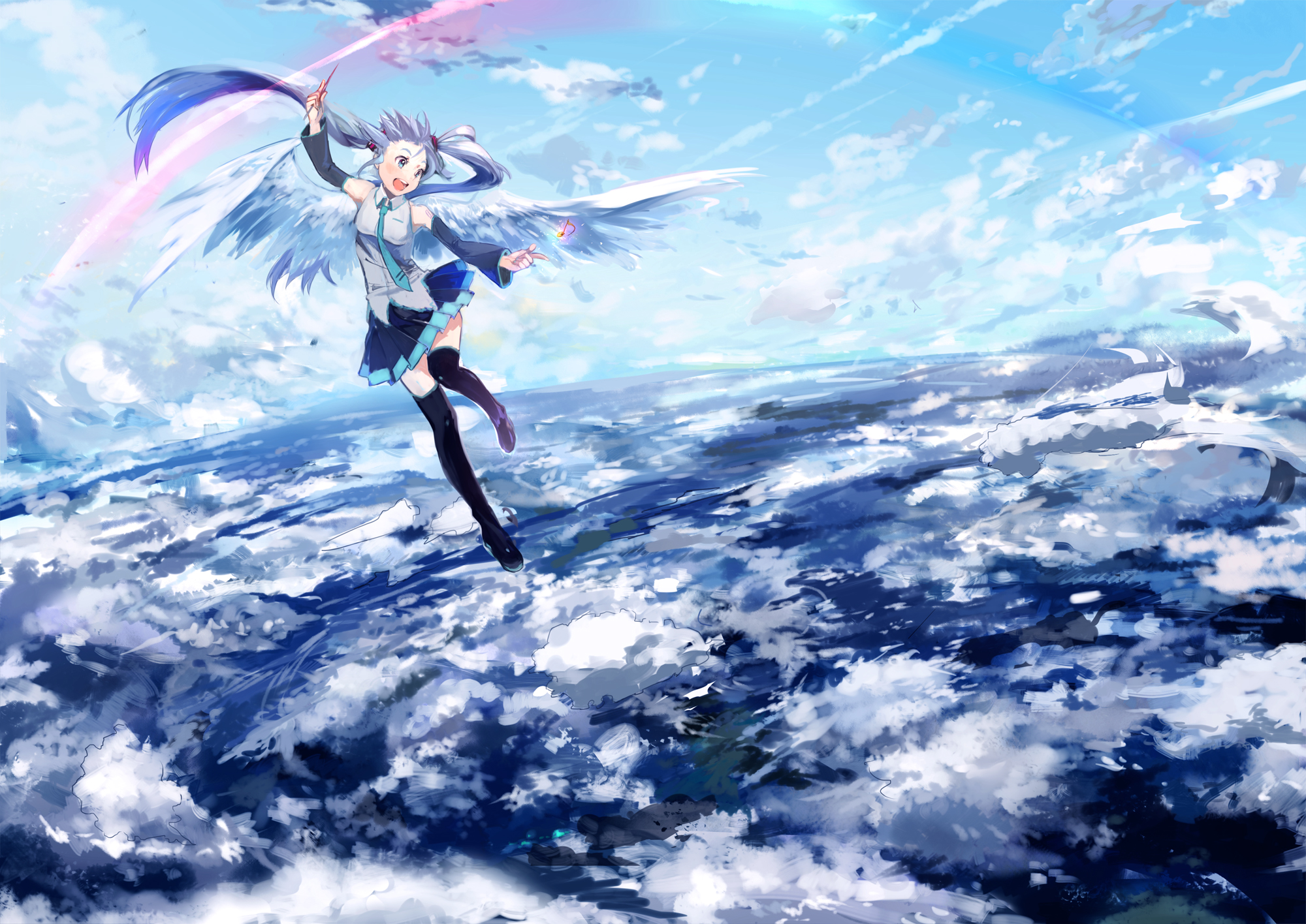 Laden Sie das Flügel, Wolke, Vocaloid, Kleid, Blaue Augen, Himmel, Blaue Haare, Hatsune Miku, Animes-Bild kostenlos auf Ihren PC-Desktop herunter