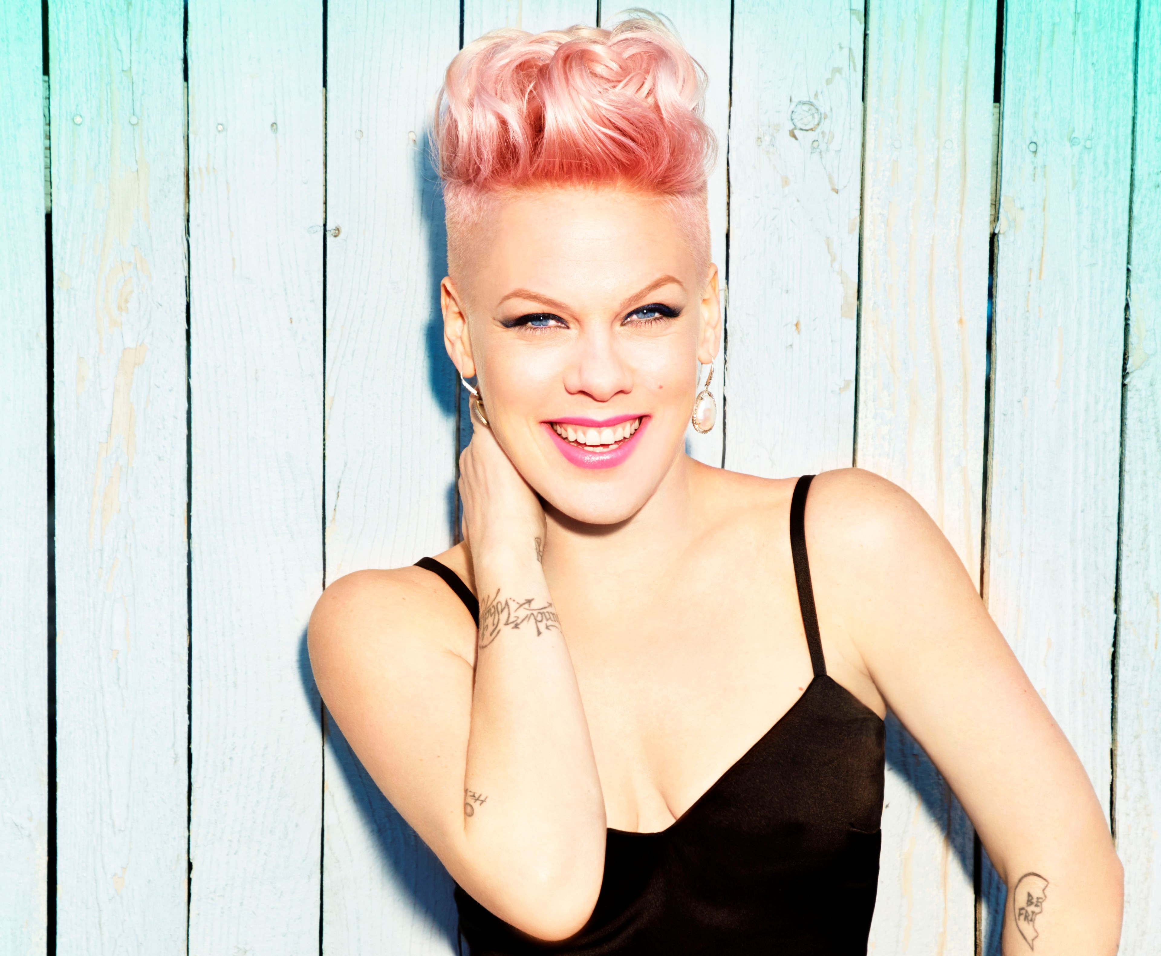 pink (singer), music, pink, american, blue eyes, pink hair, singer, smile, tattoo