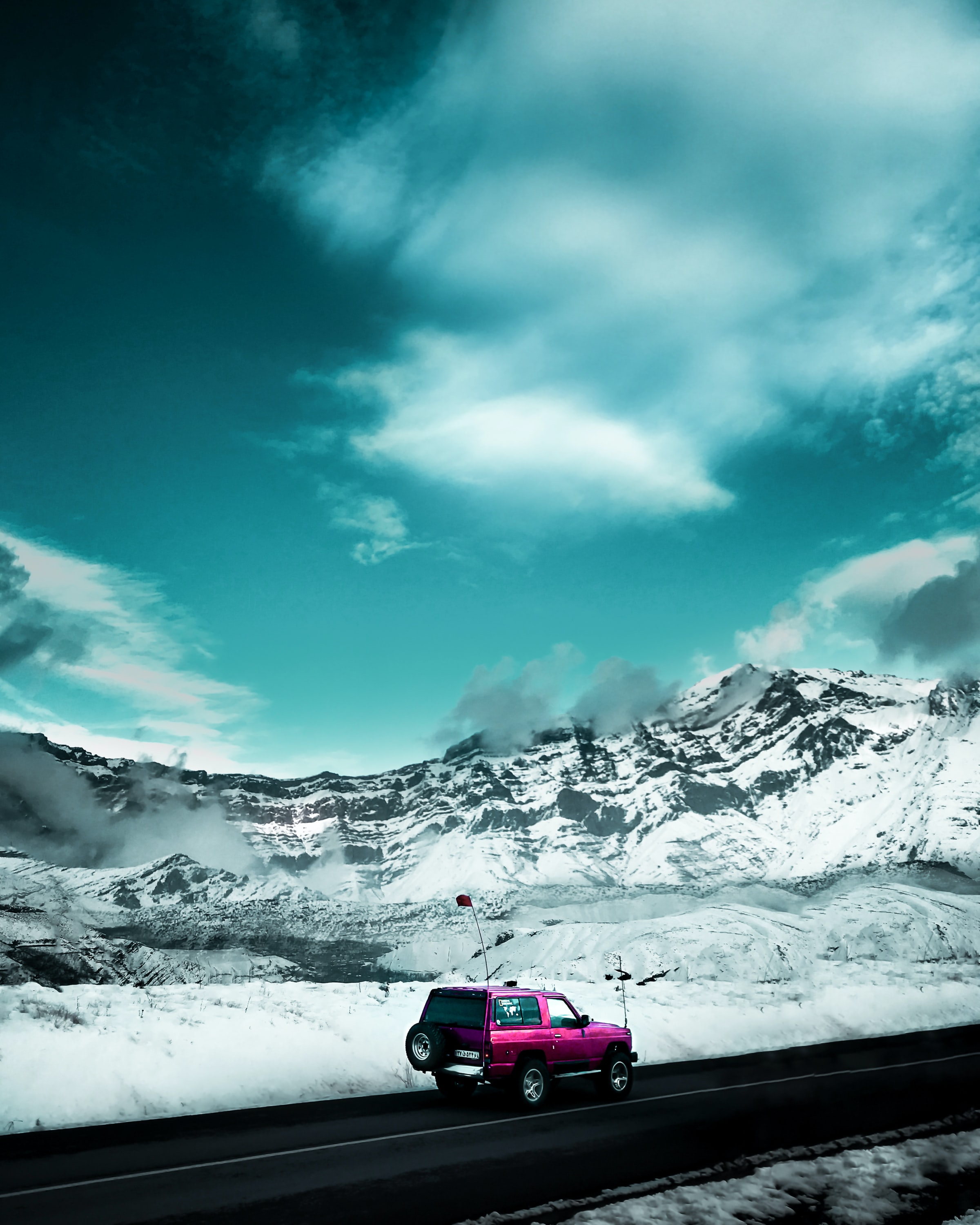 jeep, mountains, snow, cars, road, suv, side view 4K