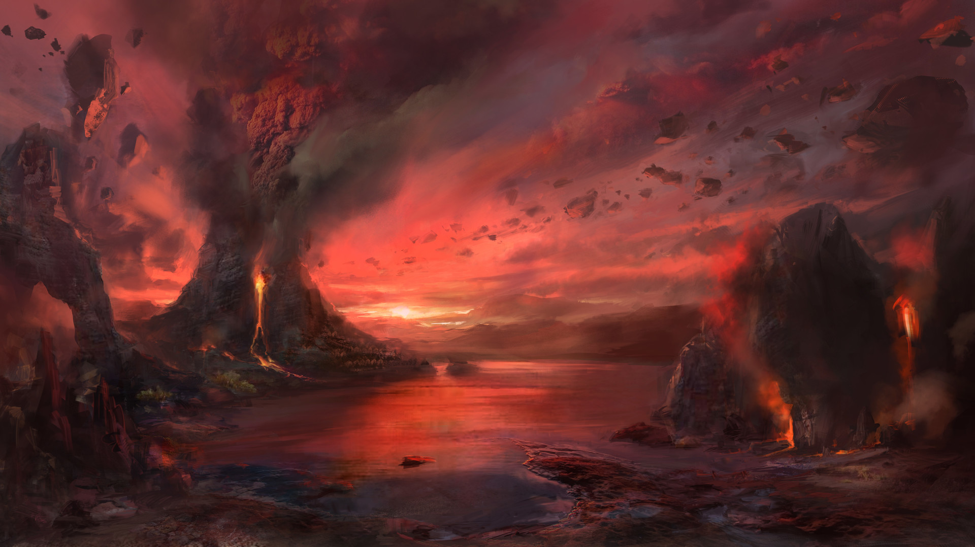 Free download wallpaper Landscape, Nature, Fantasy, Smoke, Volcano on your PC desktop