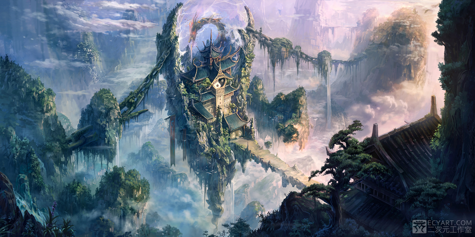 Free download wallpaper Landscape, Fantasy, Sky, Temple, Oriental on your PC desktop