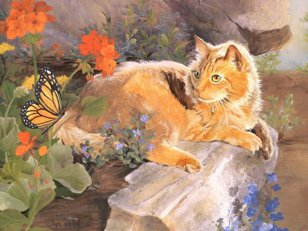 Free download wallpaper Flower, Cat, Butterfly, Animal, Painting on your PC desktop