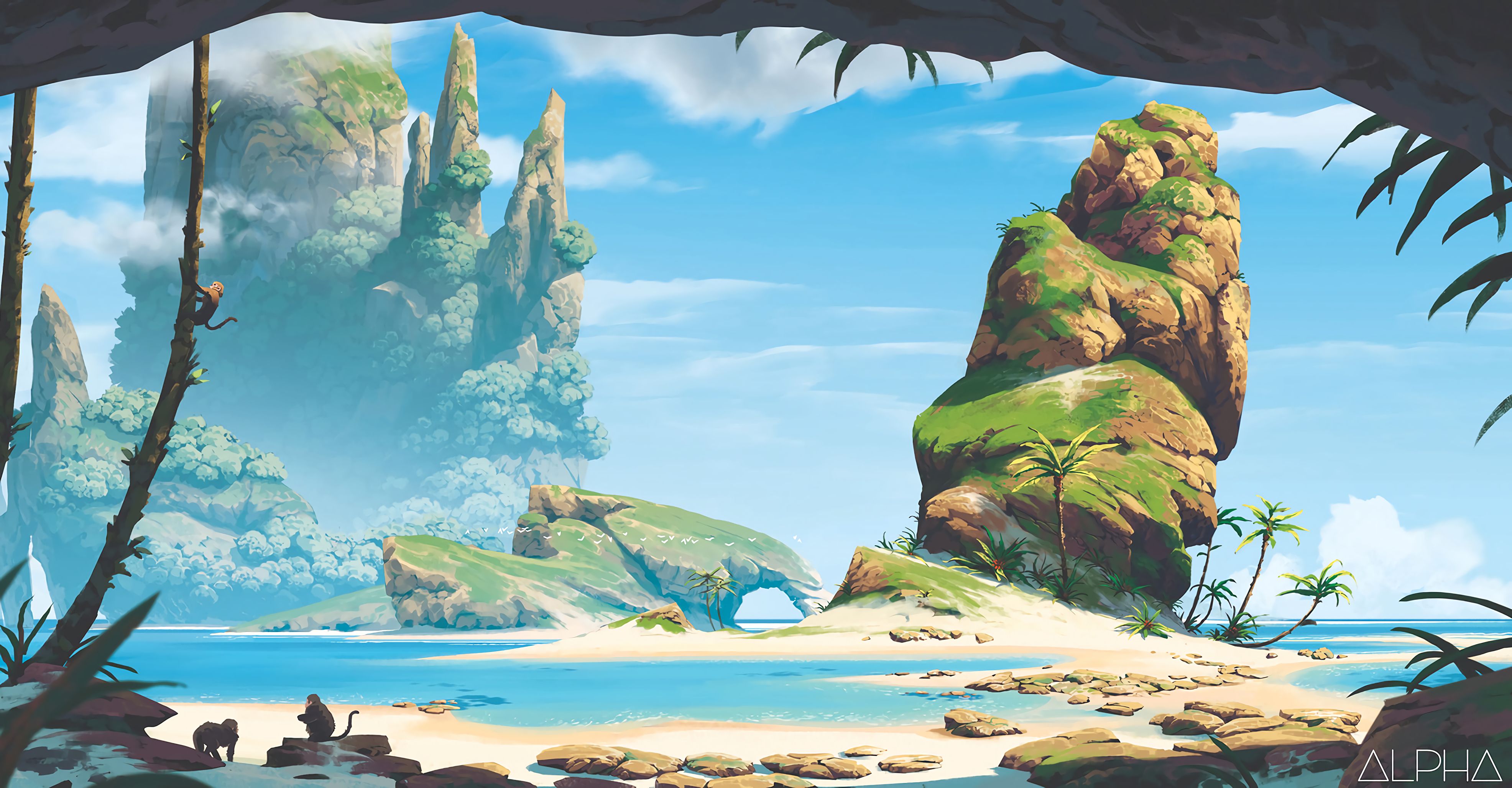 Free download wallpaper Art, Mountains, Monkeys, Sea, Beach on your PC desktop