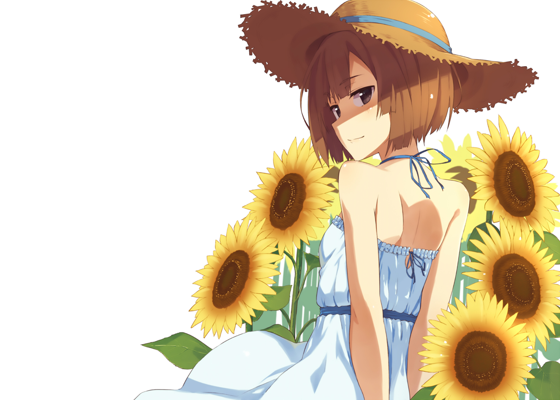 Free download wallpaper Anime, Sunflower, Dress, Original, Brown Hair, Short Hair, Straw Hat on your PC desktop