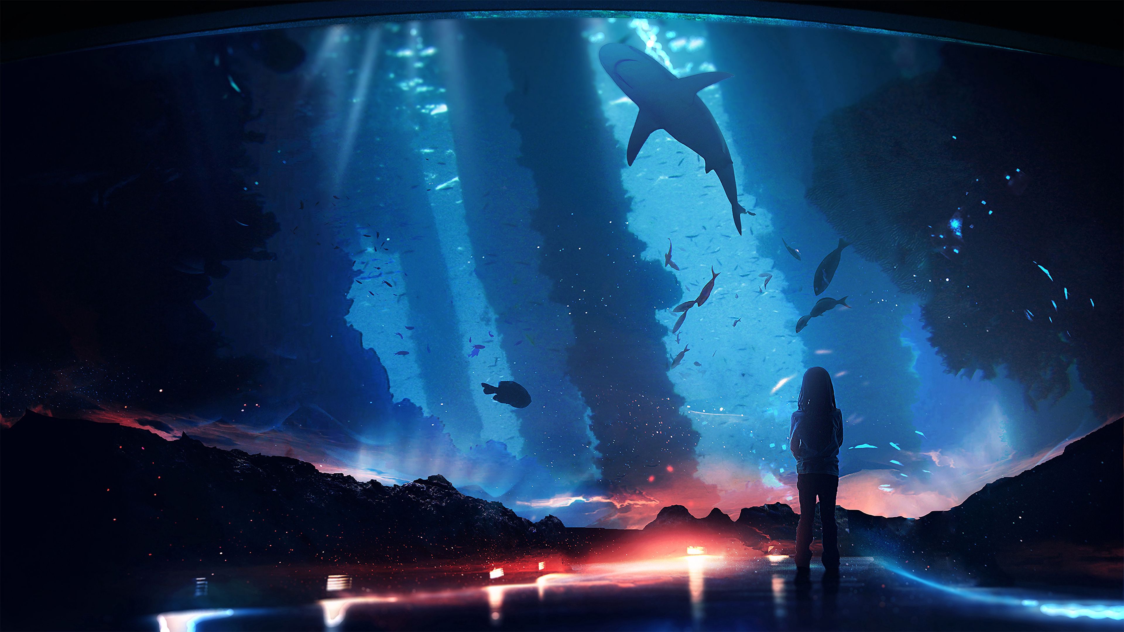 150232 Hintergrundbild herunterladen aquarium, kunst, fische, dunkel, silhouette, hintergrundbeleuchtung, beleuchtung - Bildschirmschoner und Bilder kostenlos