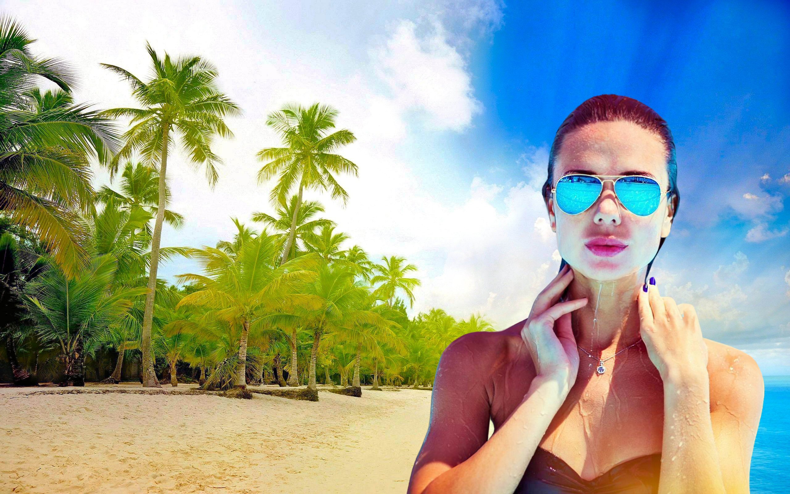 1496816 descargar imagen mujeres, anya slavalee, playa, nube, palmera, el verano, gafas de sol, soleado, tropical, precioso: fondos de pantalla y protectores de pantalla gratis