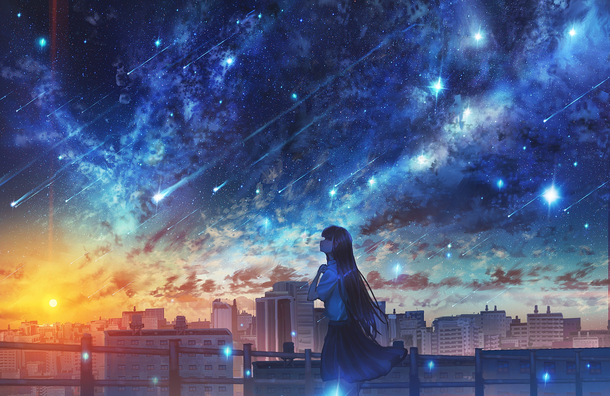 Free download wallpaper Anime, Sunset, Sky, City, Starry Sky, Original, School Uniform, Long Hair on your PC desktop