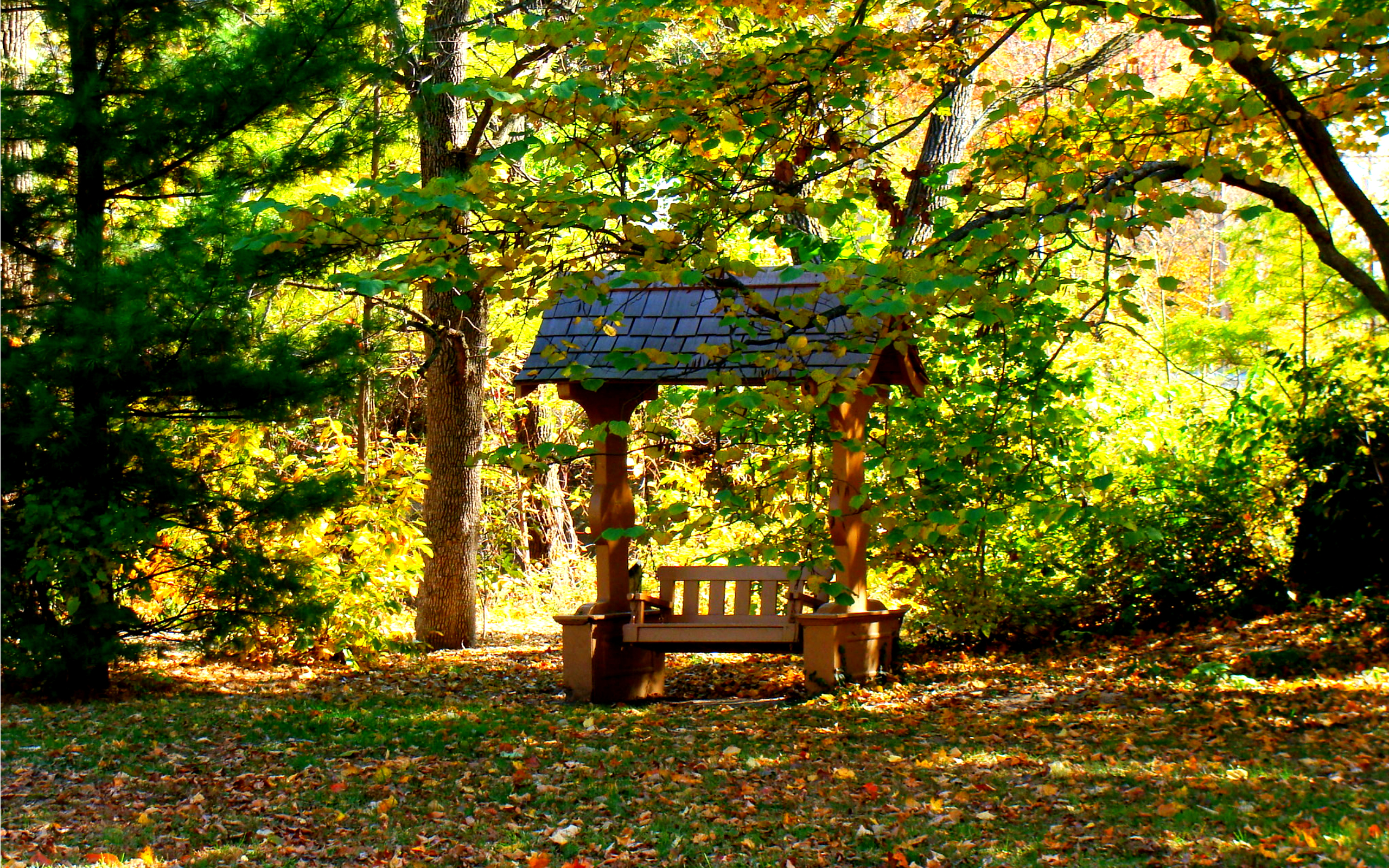 Free download wallpaper Fall, Bench, Man Made on your PC desktop