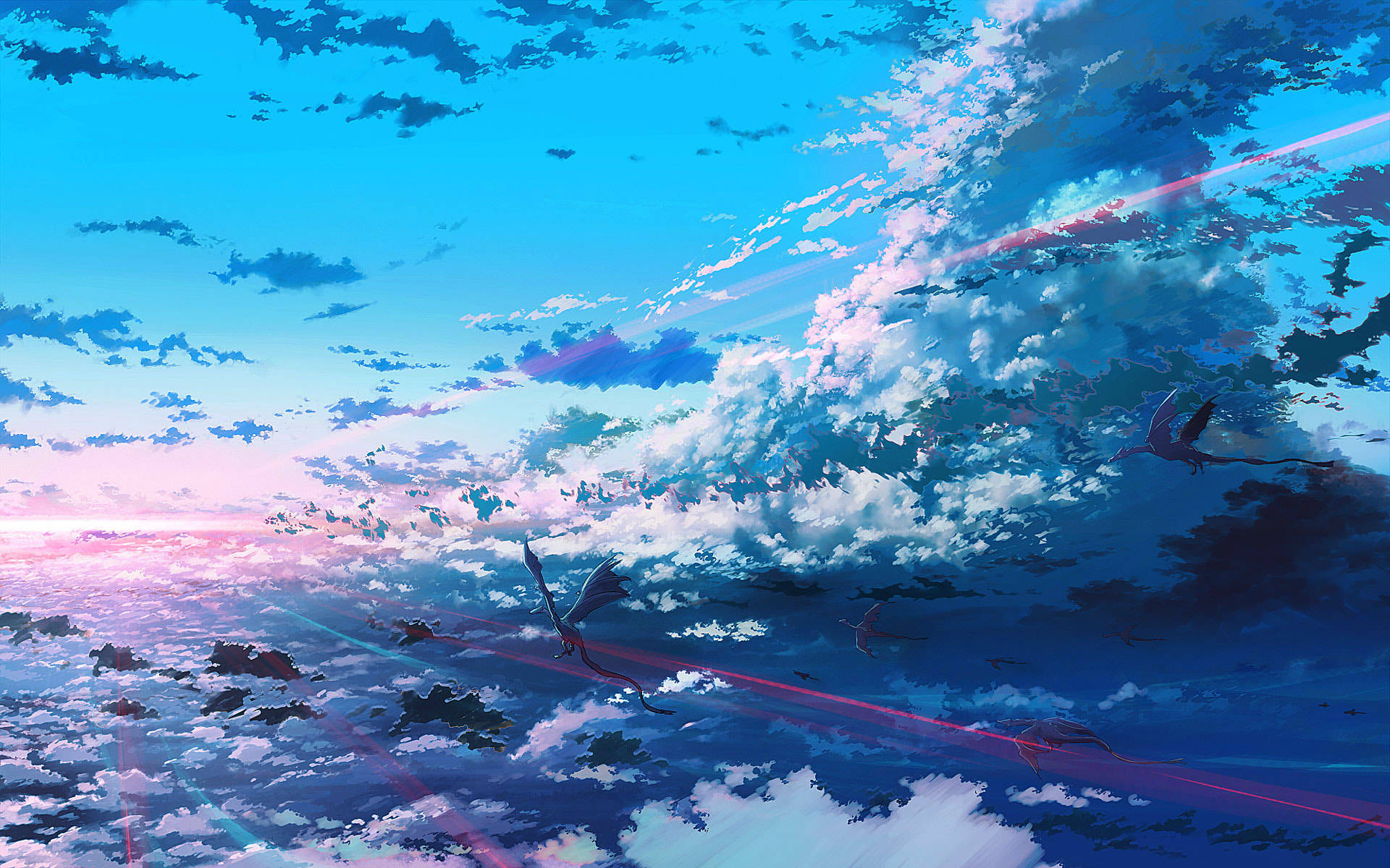 fantasy, landscape, sky, dragons, clouds, blue Desktop home screen Wallpaper