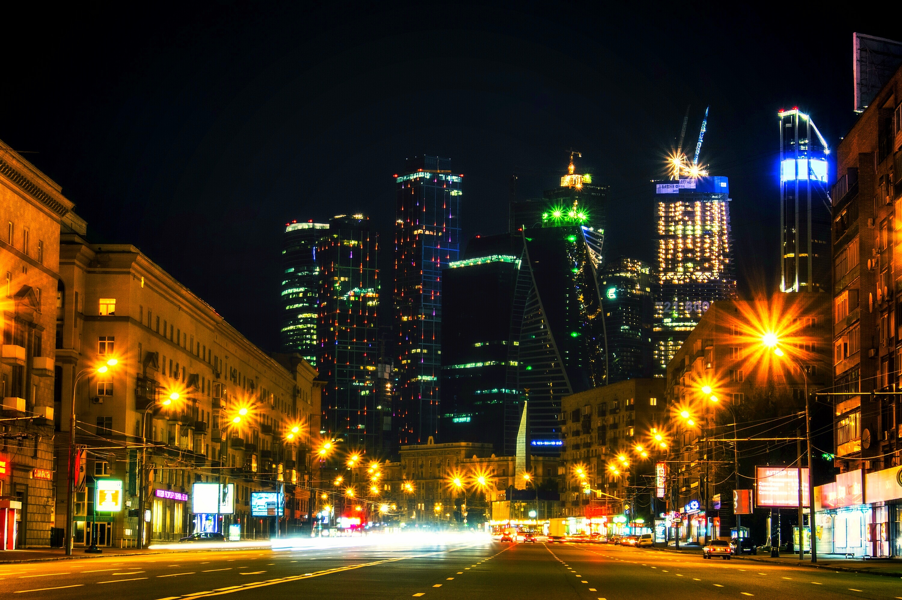 city lights, cities, architecture, moskow, night city, skyscrapers, russia