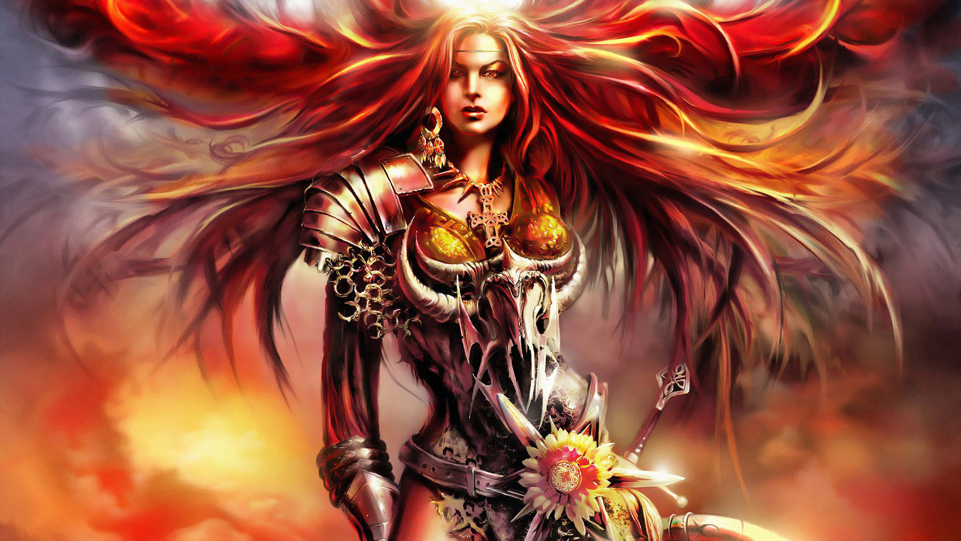 Download mobile wallpaper Fantasy, Armor, Red Eyes, Long Hair, Red Hair, Women Warrior, Woman Warrior for free.