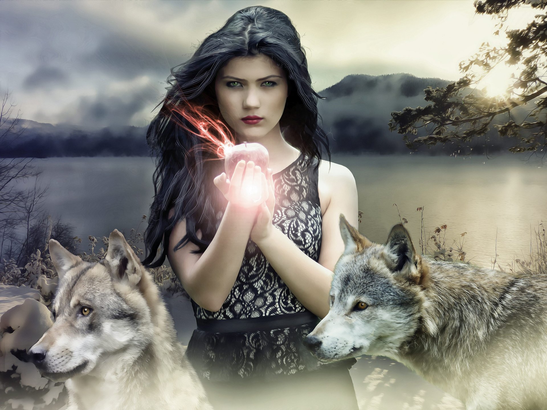 Download mobile wallpaper Magic, Fantasy, Wolf, Brunette, Women, Green Eyes for free.