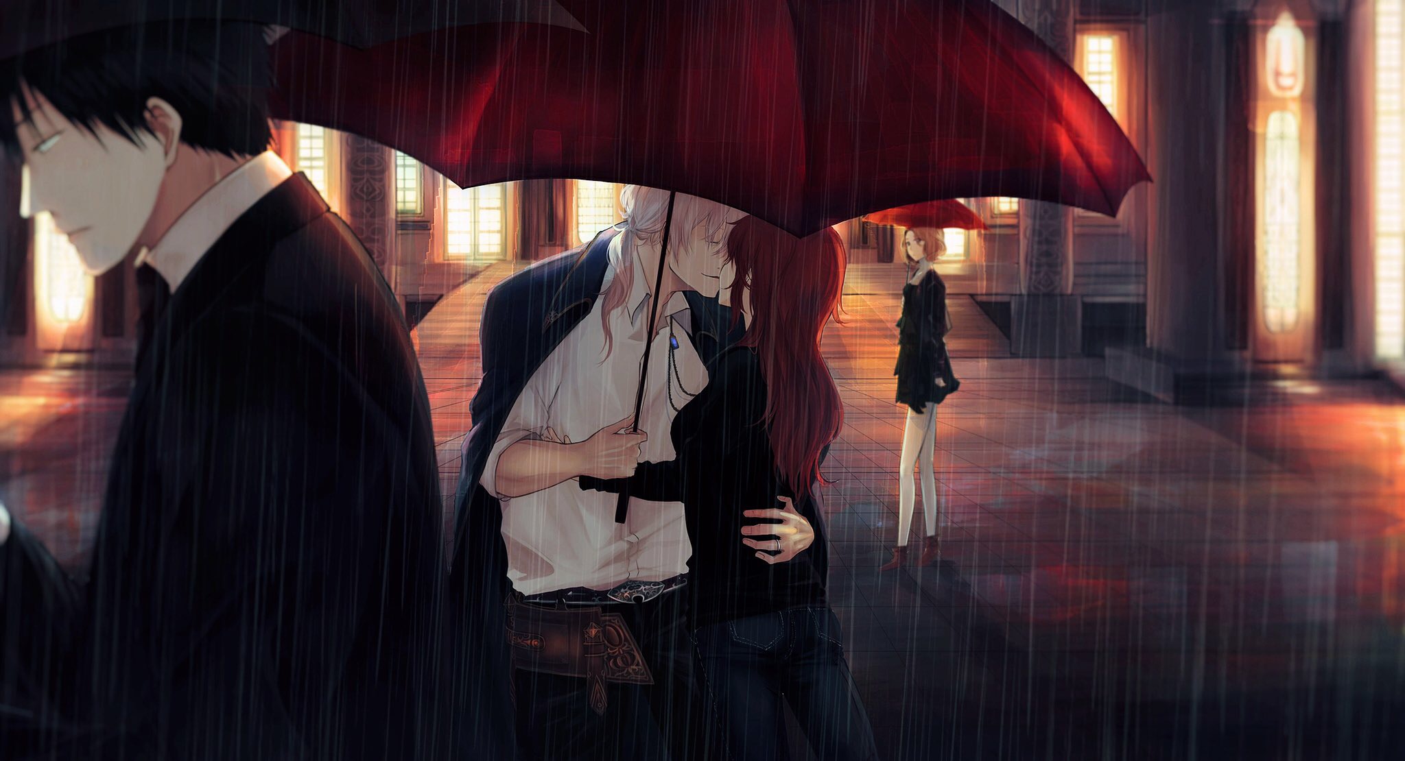 Laden Sie das Regen, Paar, Regenschirm, Kuss, Original, Animes-Bild kostenlos auf Ihren PC-Desktop herunter