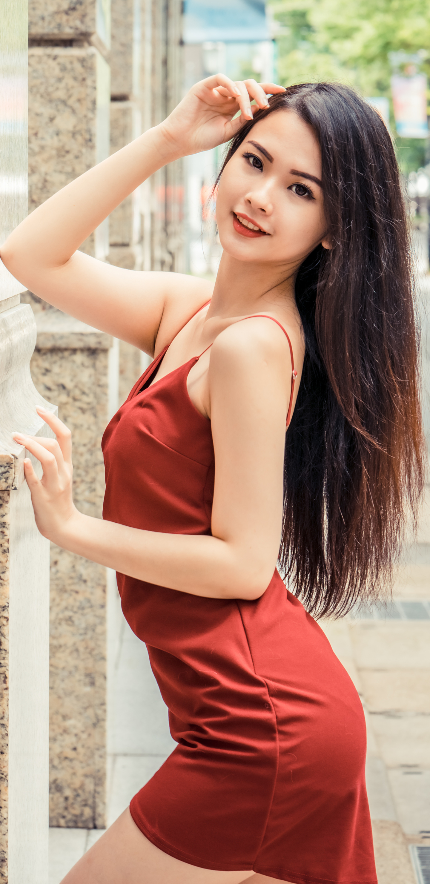 Download mobile wallpaper Brunette, Model, Women, Asian, Long Hair, Red Dress for free.